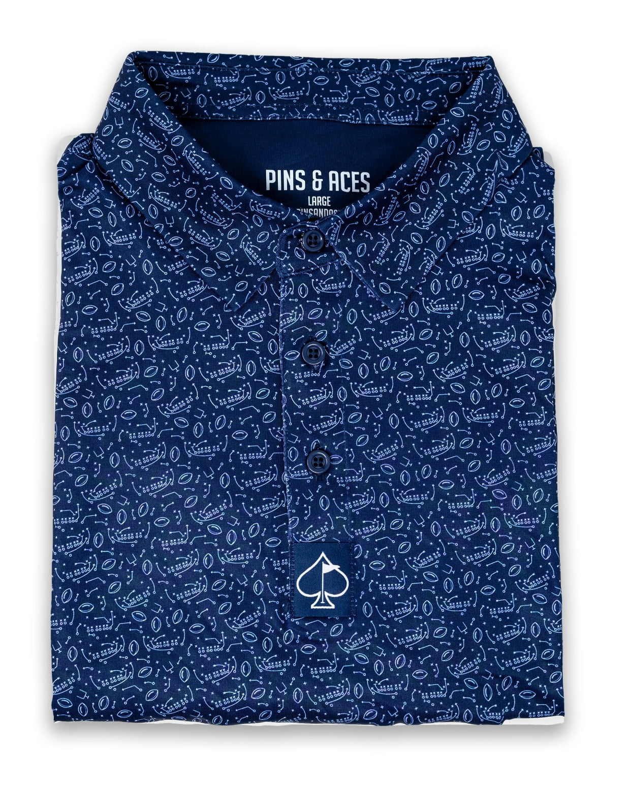 Navy blue golf polo shirt with a playful pattern and logo, folded neatly for display. Ideal for stylish golfers.