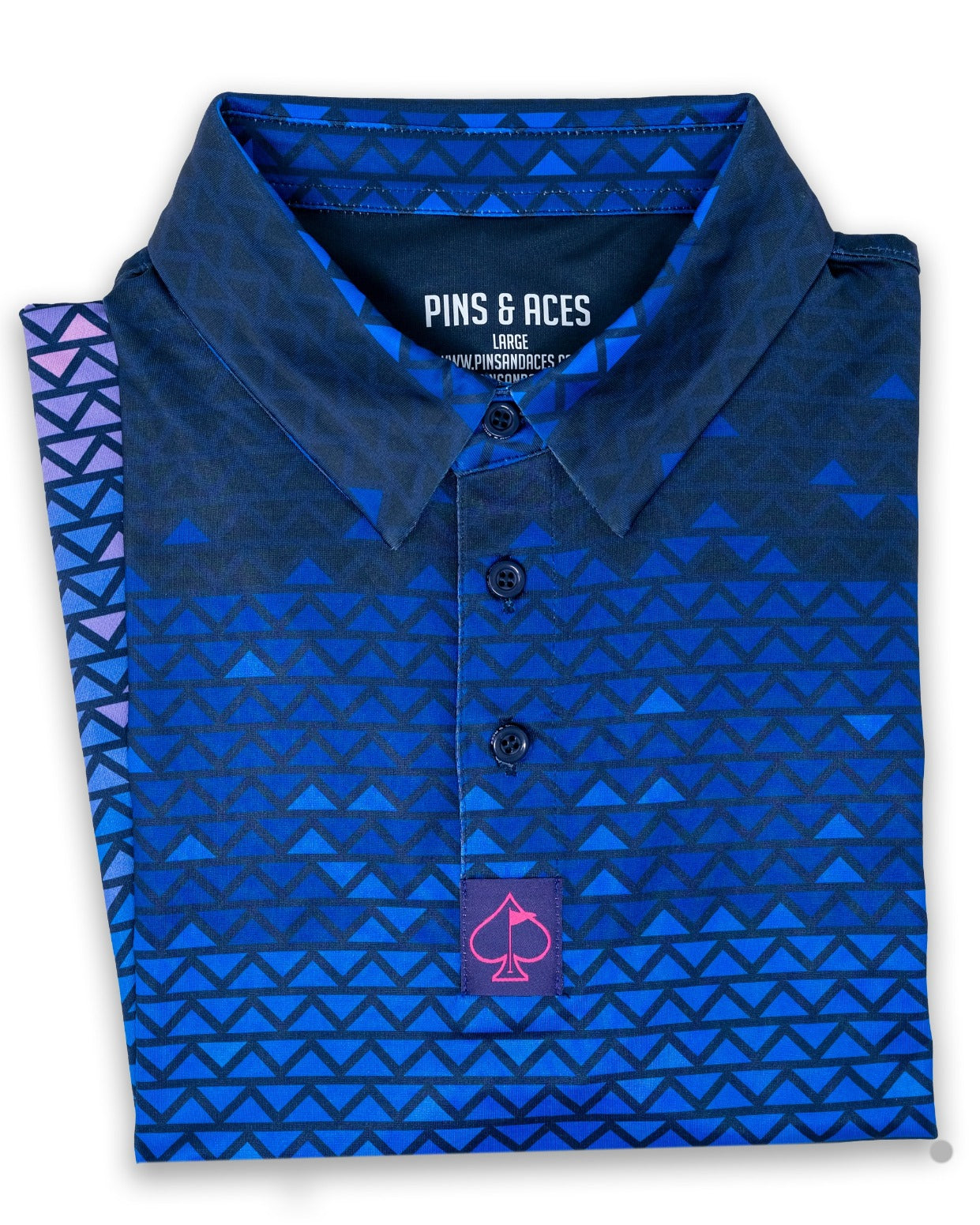 Bold blue golf polo shirt featuring a geometric digital rainfall pattern, designed for stylish golfers.