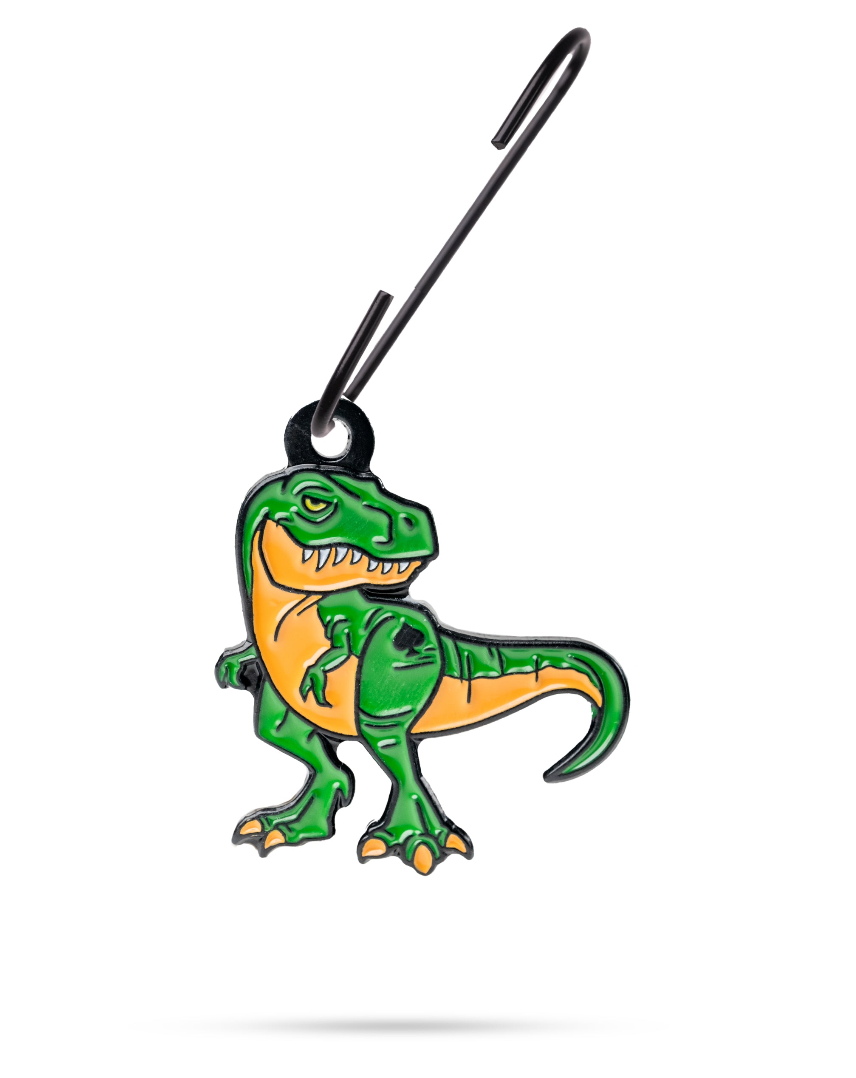 Colorful T-Rex ornament with green and orange detailing, featuring a hook for easy attachment. Perfect for dinosaur lovers.