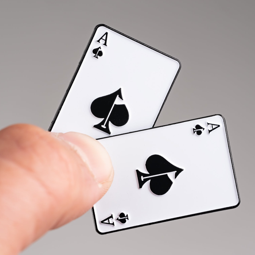Bold black and white Ace of Spades playing cards with 3D logo, perfect for standout golf accessories and headcovers.