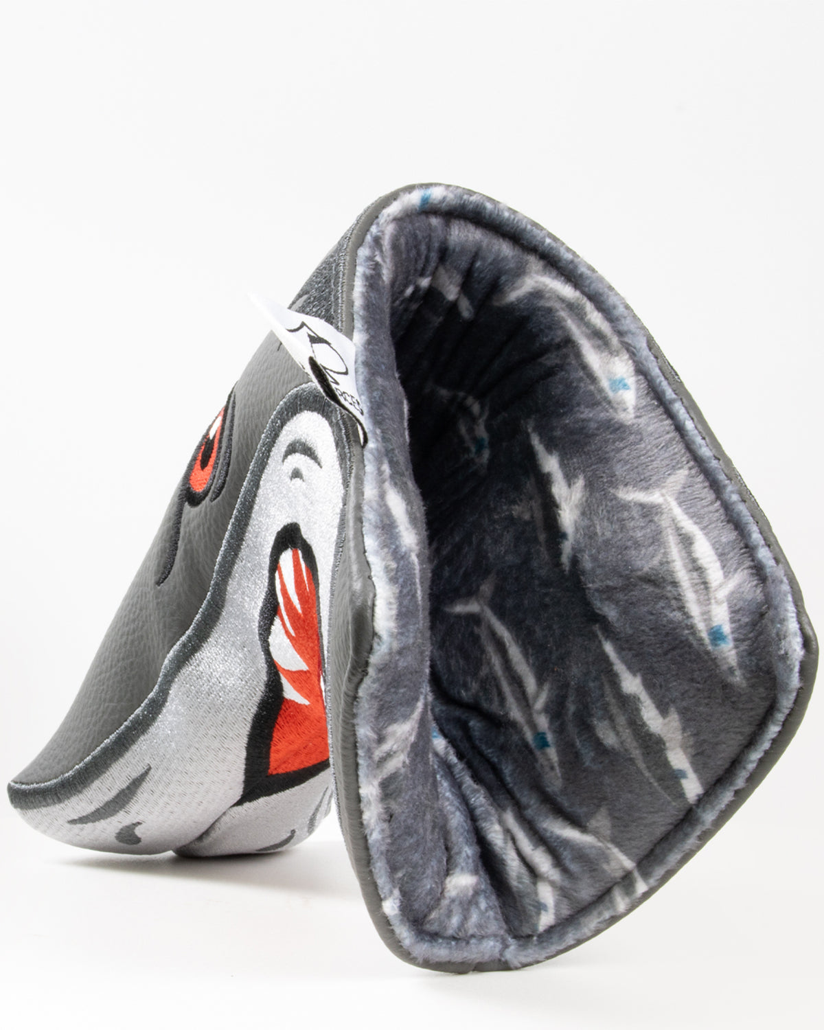 Hammerhead blade putter cover featuring a shark design with a soft interior lining for protection and style on the golf course.