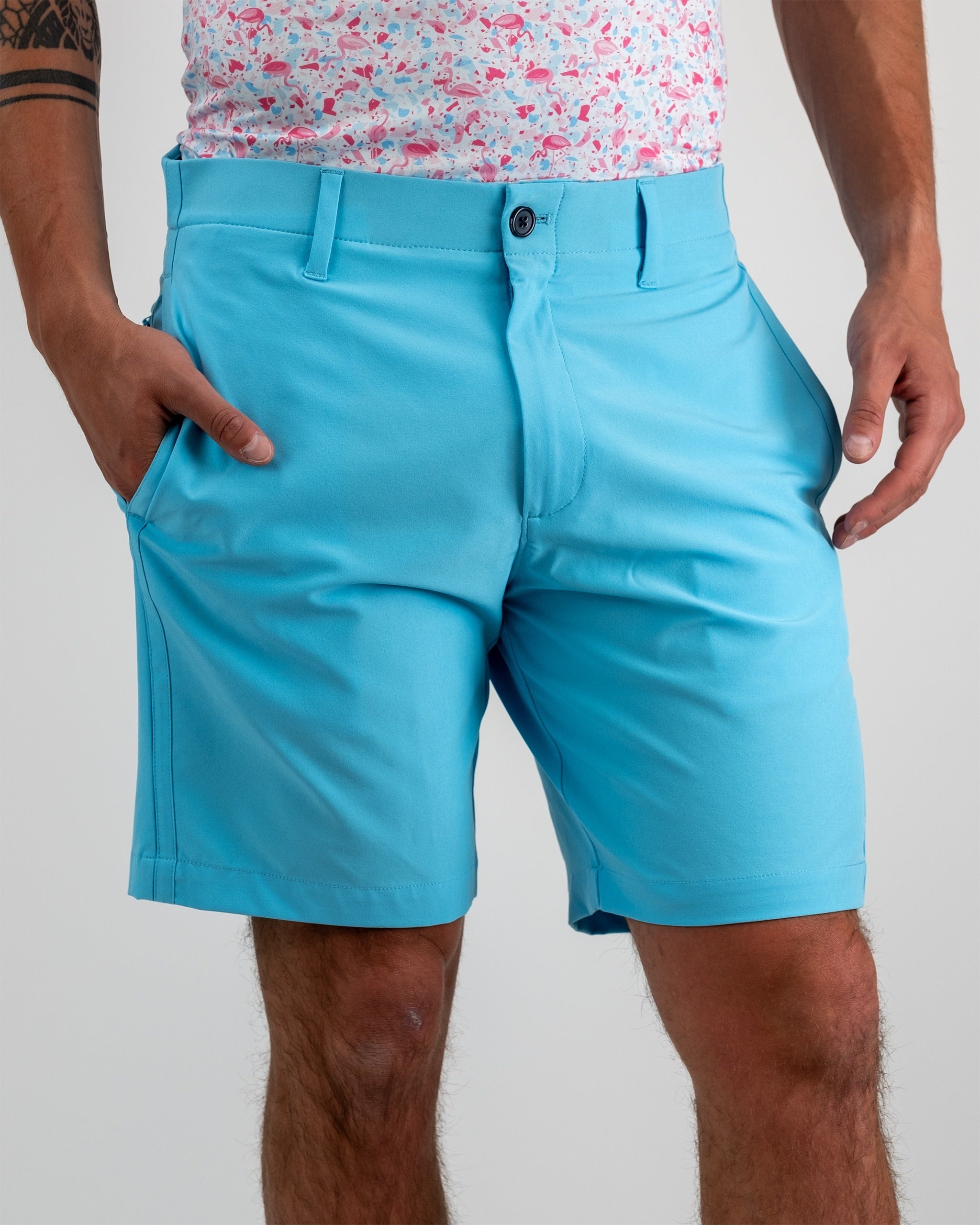 Sky blue performance shorts displayed on a flat surface, featuring a lightweight material and elastic waistband for active wear.