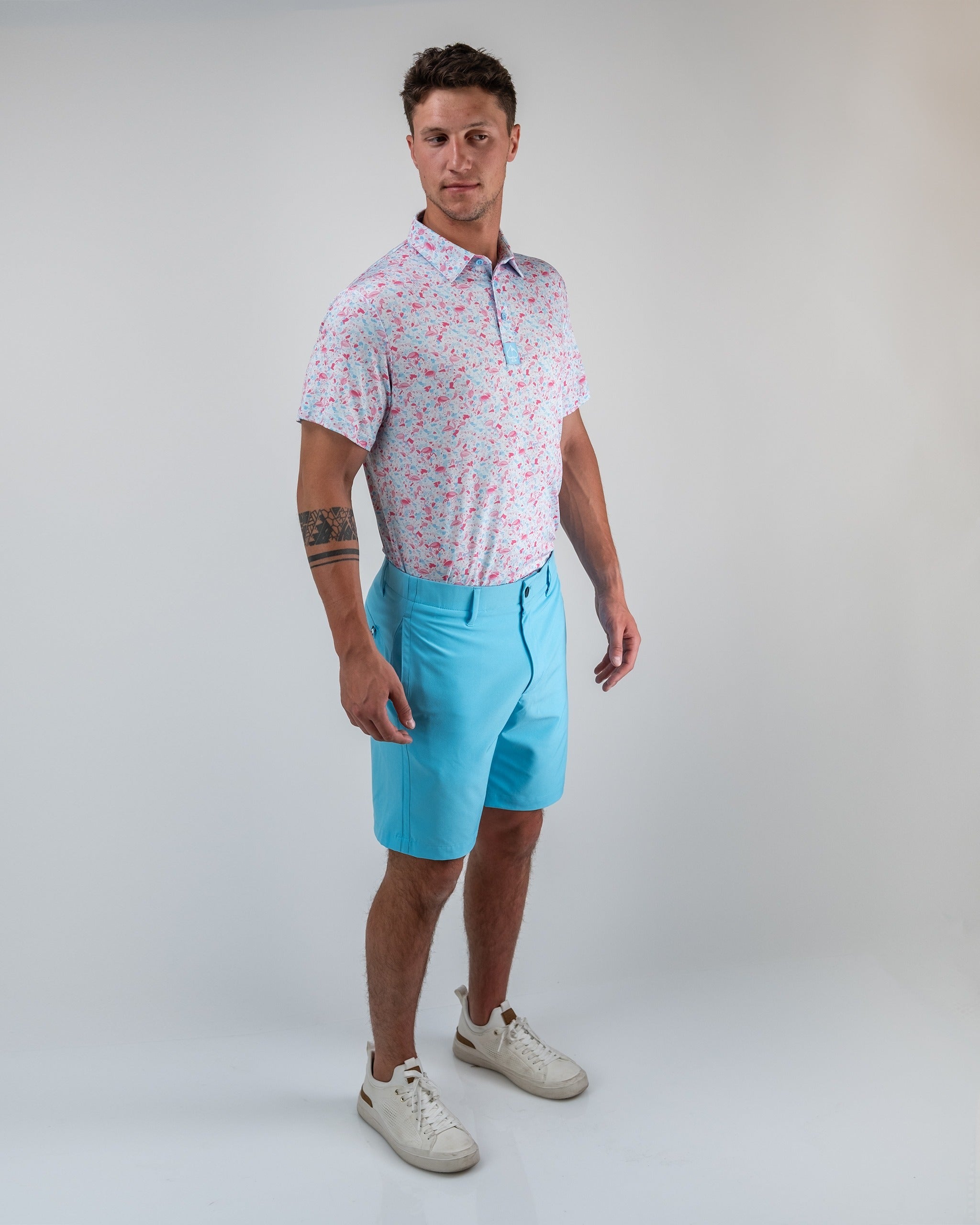 Sky blue performance shorts featuring an elastic waistband and moisture-wicking fabric, ideal for athletic activities.