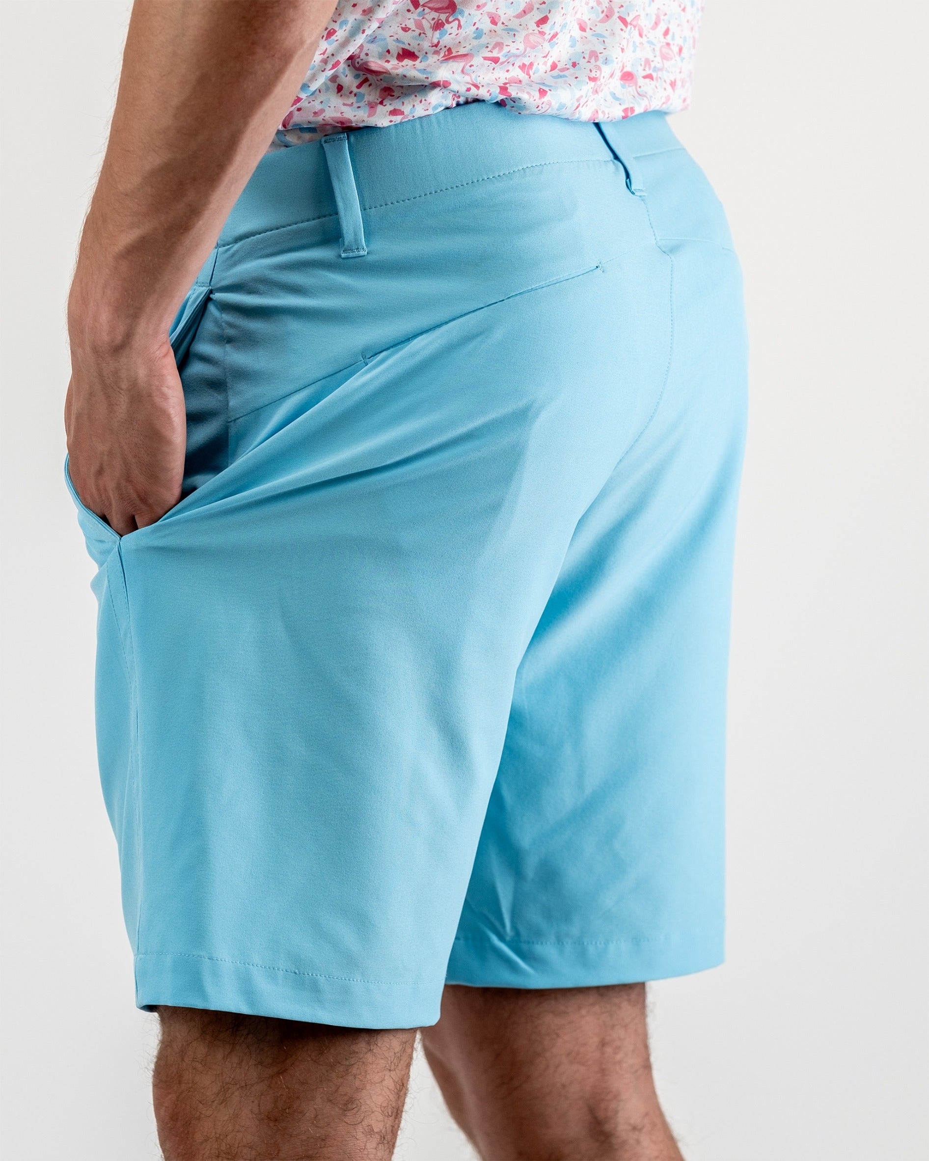 Sky blue performance shorts for men, featuring a comfortable elastic waistband and lightweight fabric, perfect for athletic activities.