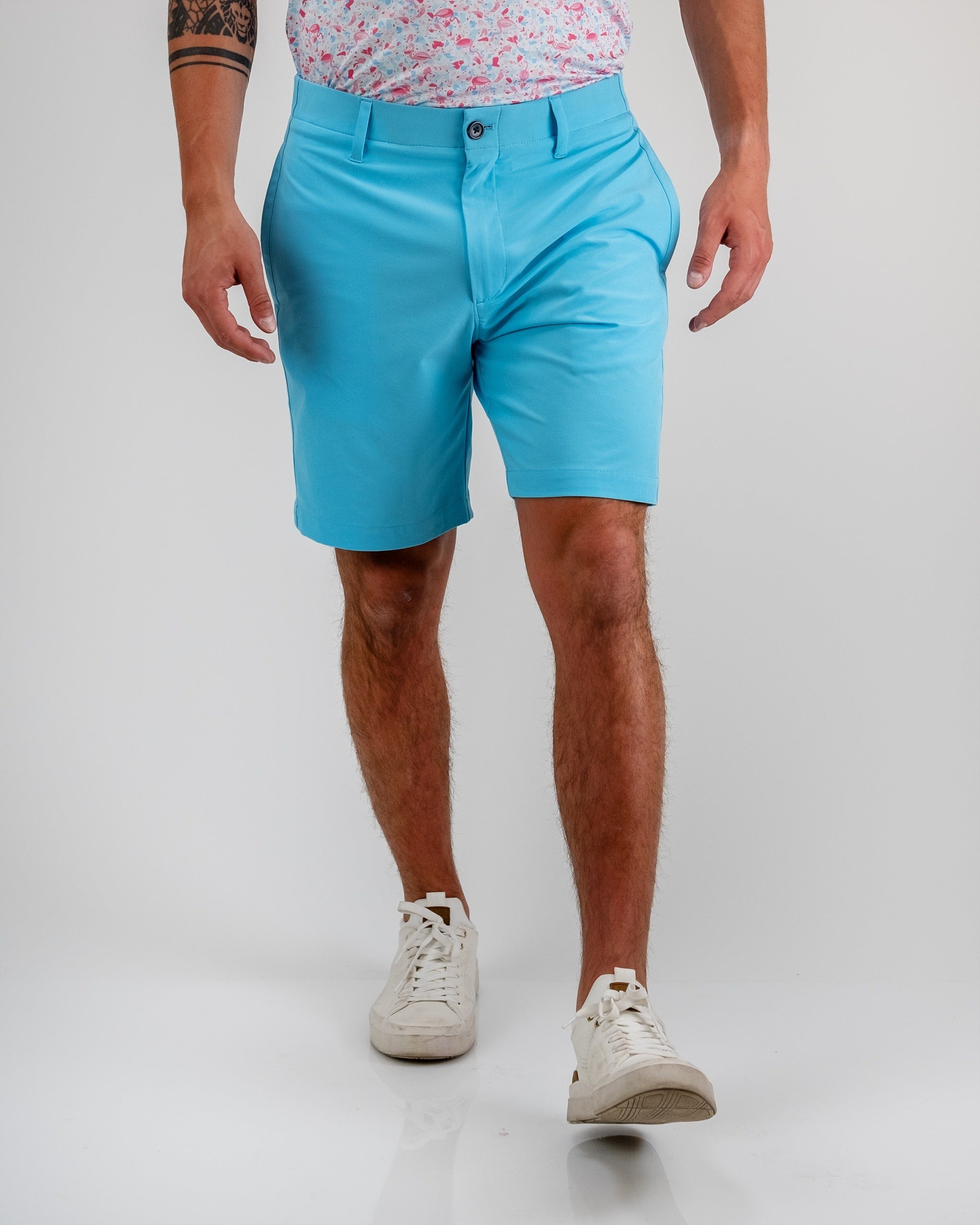 Sky blue performance shorts for men, featuring a lightweight, breathable fabric and an elastic waistband.