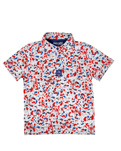 Youth Lobster Shatter shirt featuring a vibrant red, white, and blue lobster pattern, perfect for stylish young golfers.