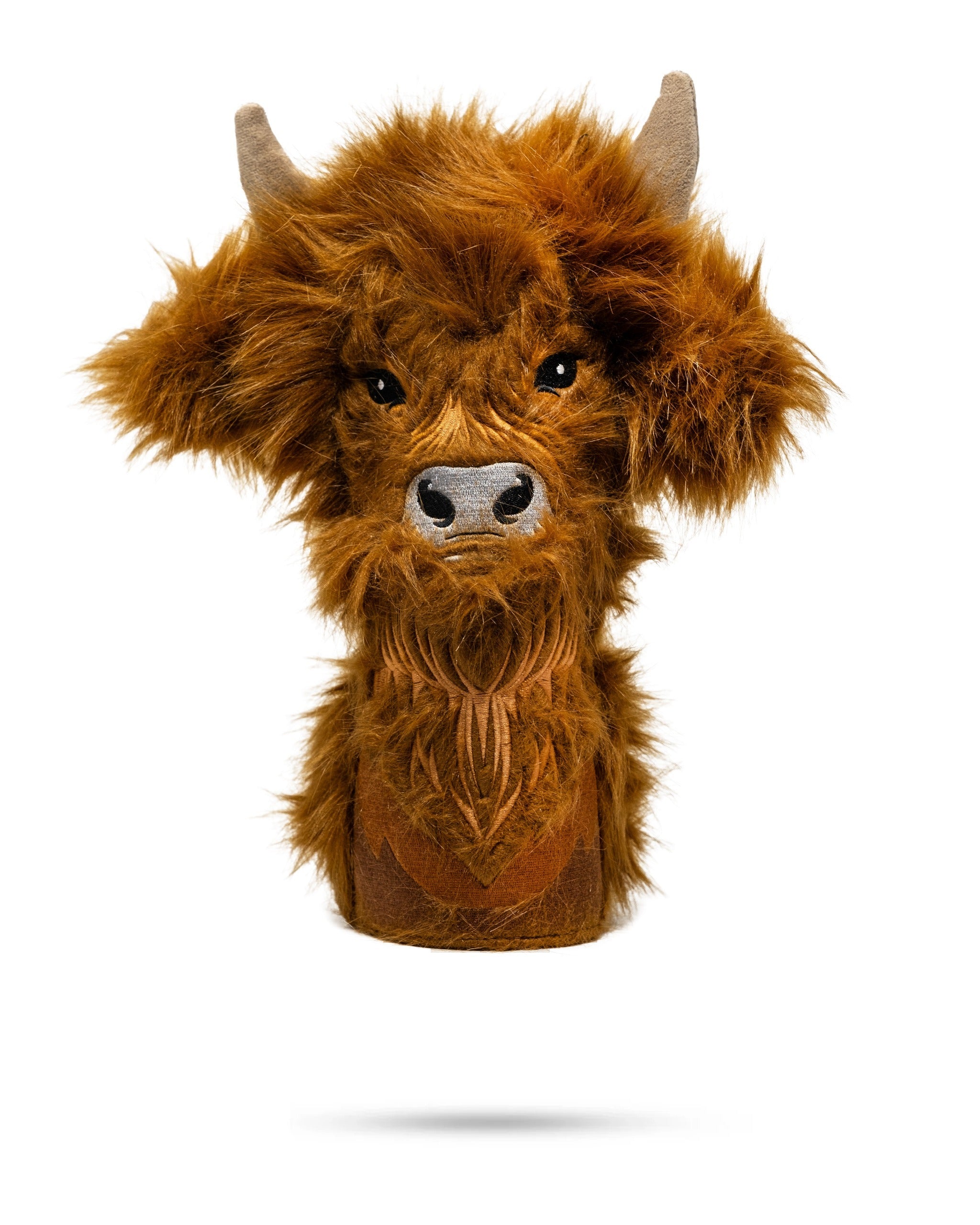 Highland cow driver cover featuring a realistic design with soft fur and detailed facial features for a unique golf accessory.