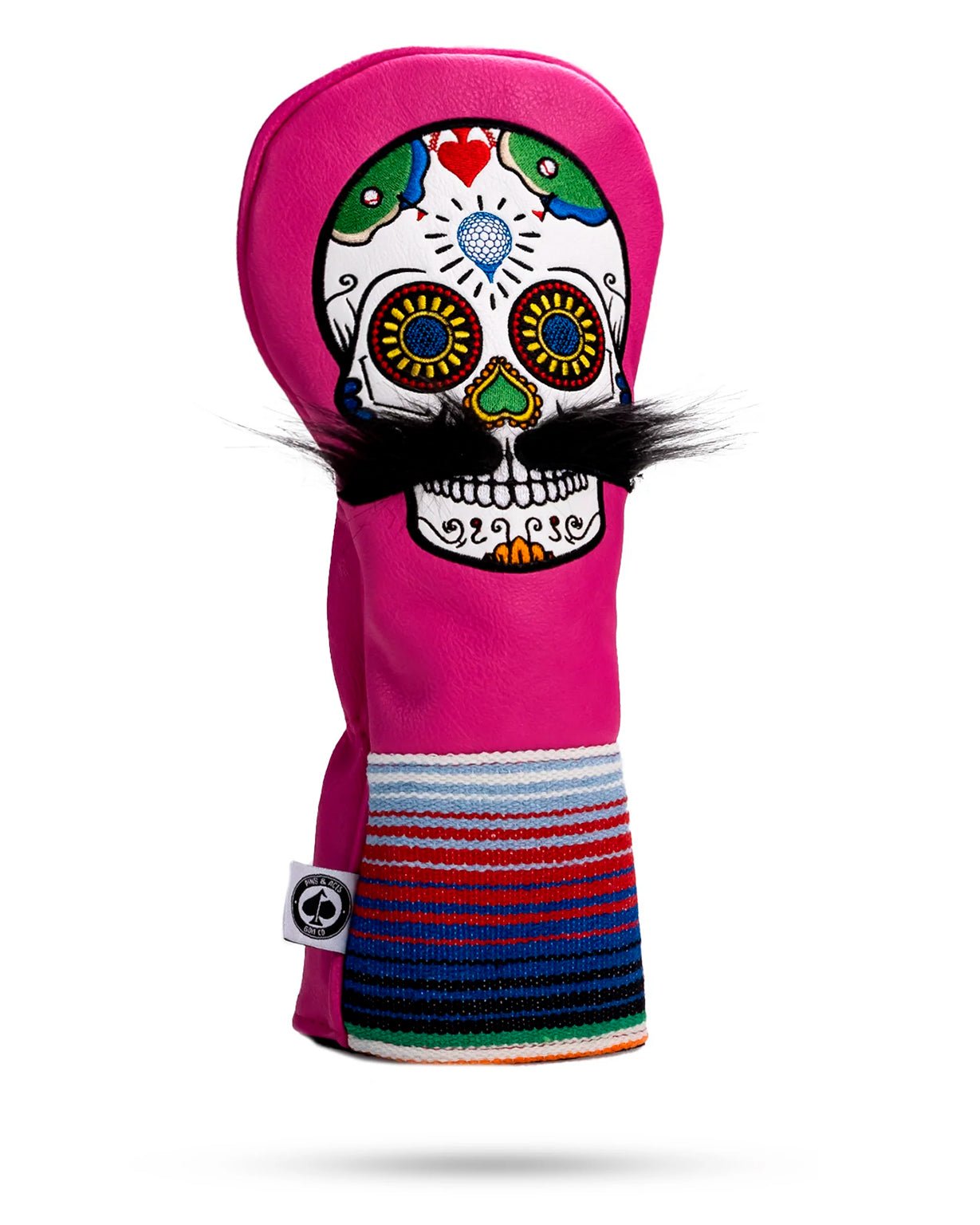 Bold pink driver cover featuring a colorful sugar skull design with a mustache, perfect for stylish golfers.