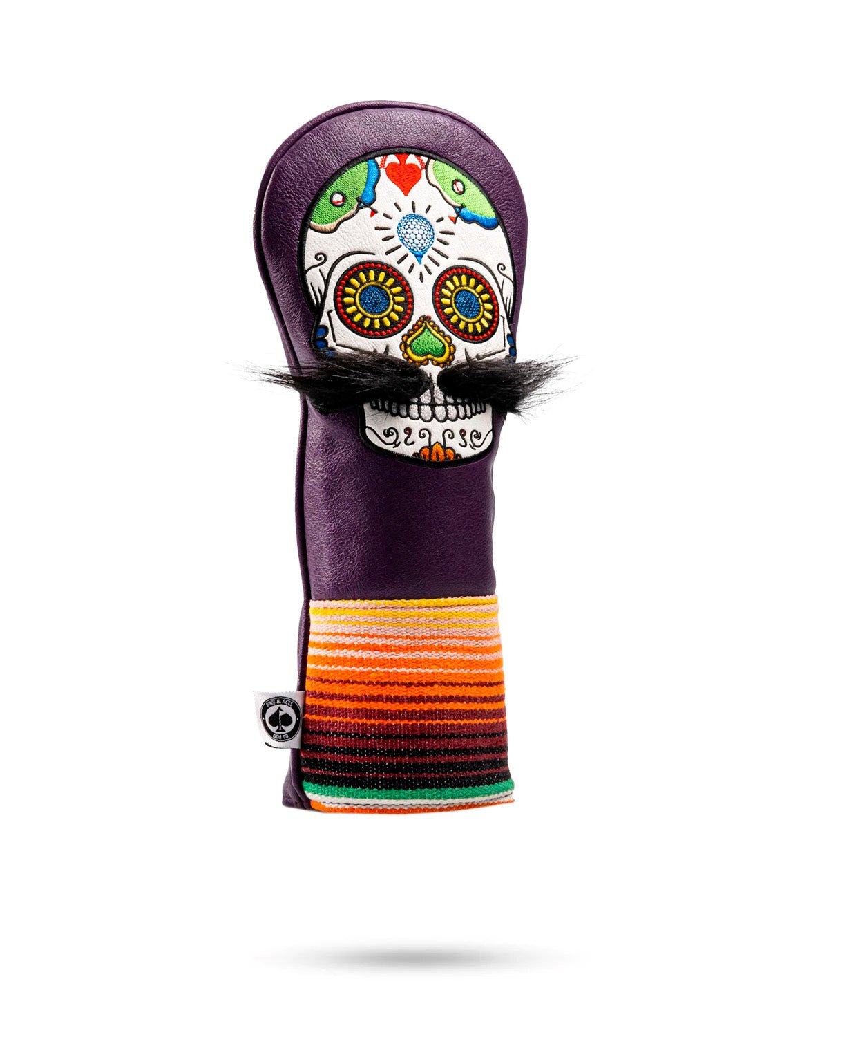 Purple fairway cover featuring a colorful mustache sugar skull design and vibrant striped accents for a bold golf look.