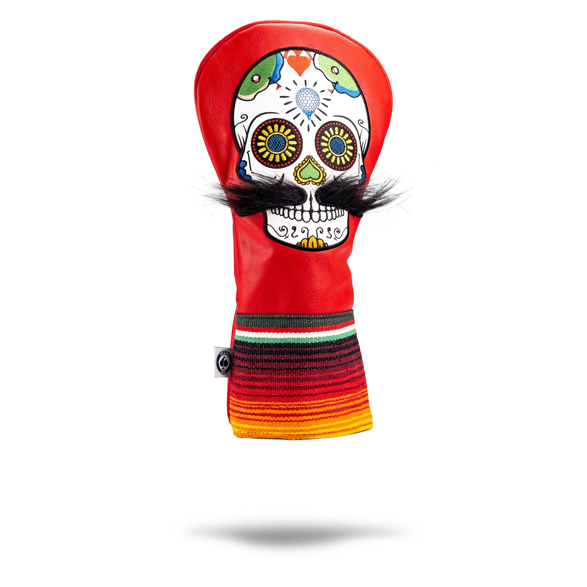 Bold red driver cover featuring a colorful sugar skull design with a mustache, perfect for golfers wanting to stand out.