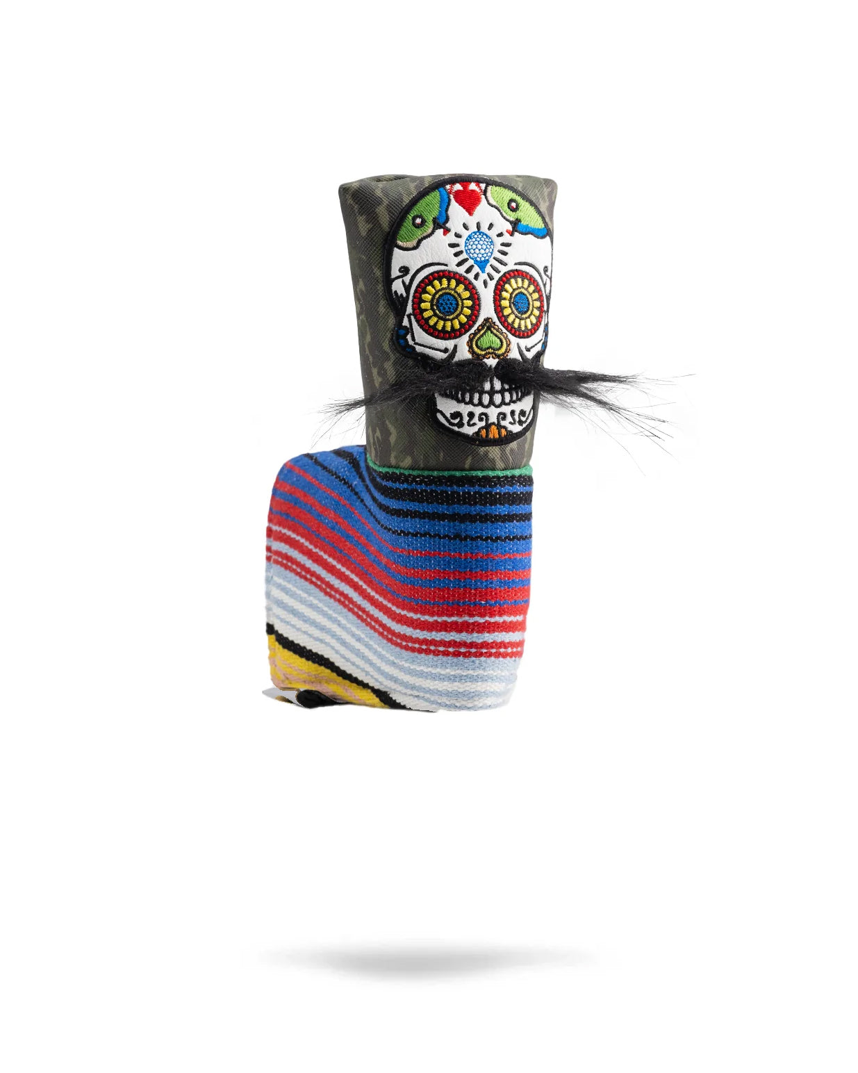 Bold green camo putter cover featuring a mustache sugar skull design with colorful details and a playful black mustache.