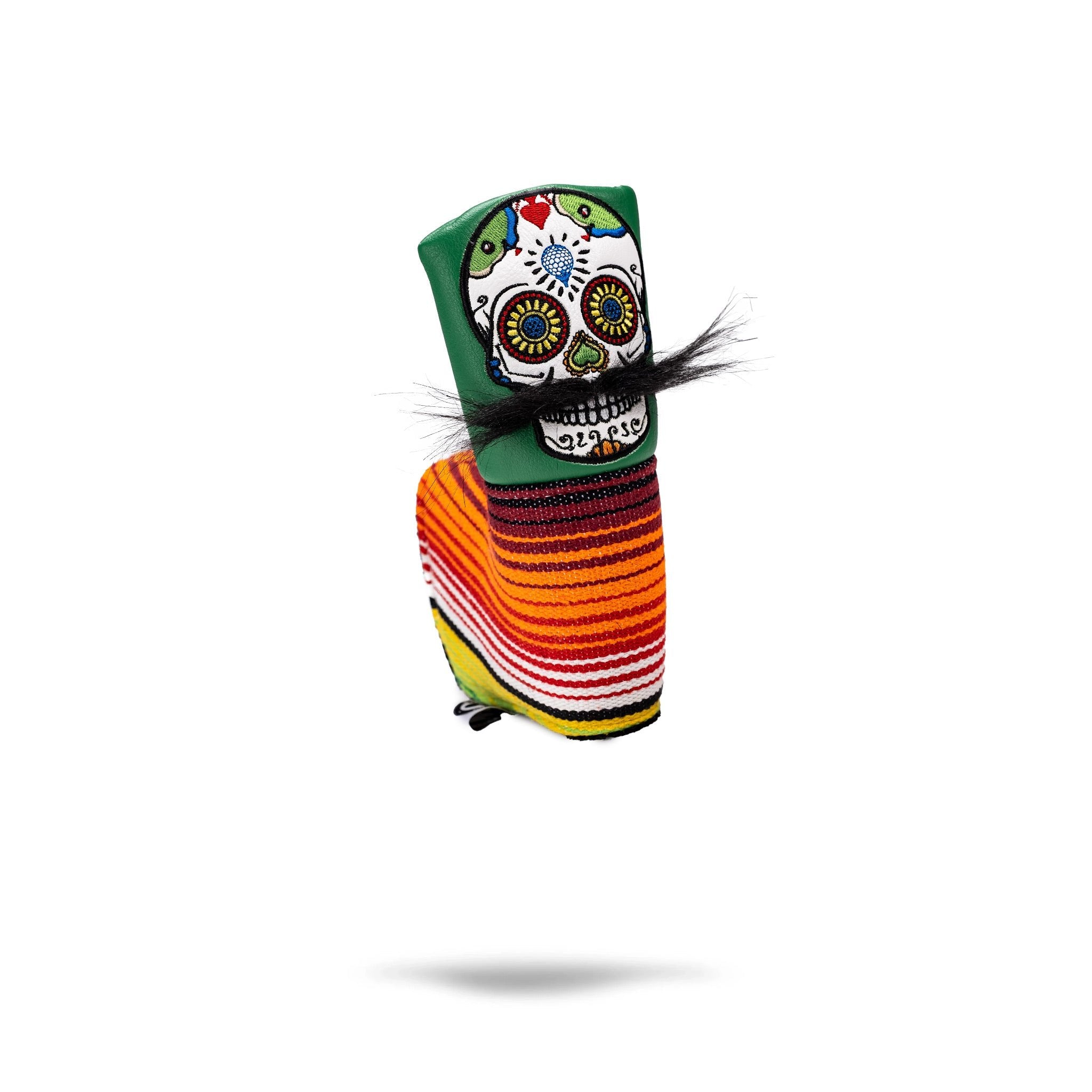 Colorful green putter cover featuring a mustache sugar skull design with vibrant stripes, perfect for unique golf style.
