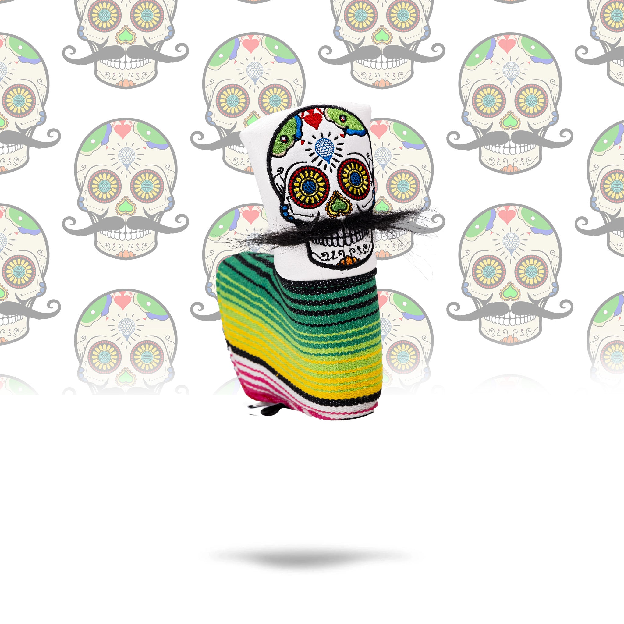 White blade putter cover featuring a colorful mustache sugar skull design with vibrant stripes and intricate details.