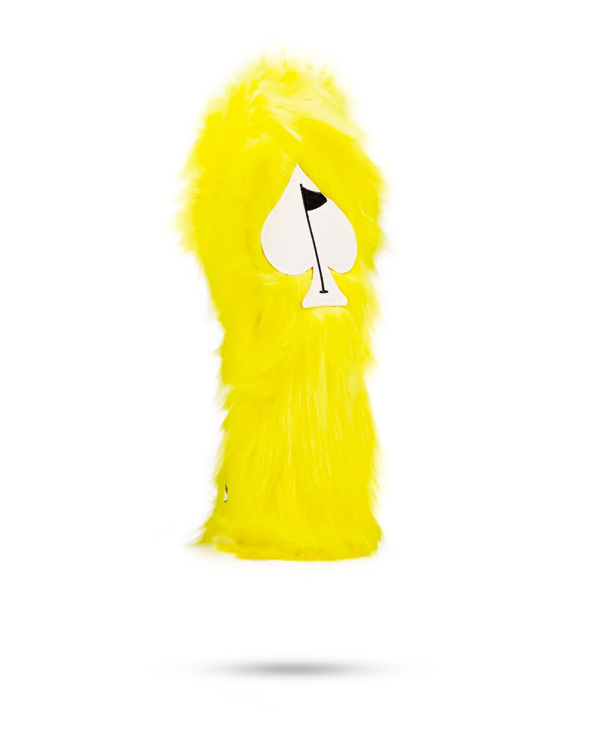 Bright yellow fuzzy fairway cover featuring a bold spade logo, designed to add flair to your golf game.