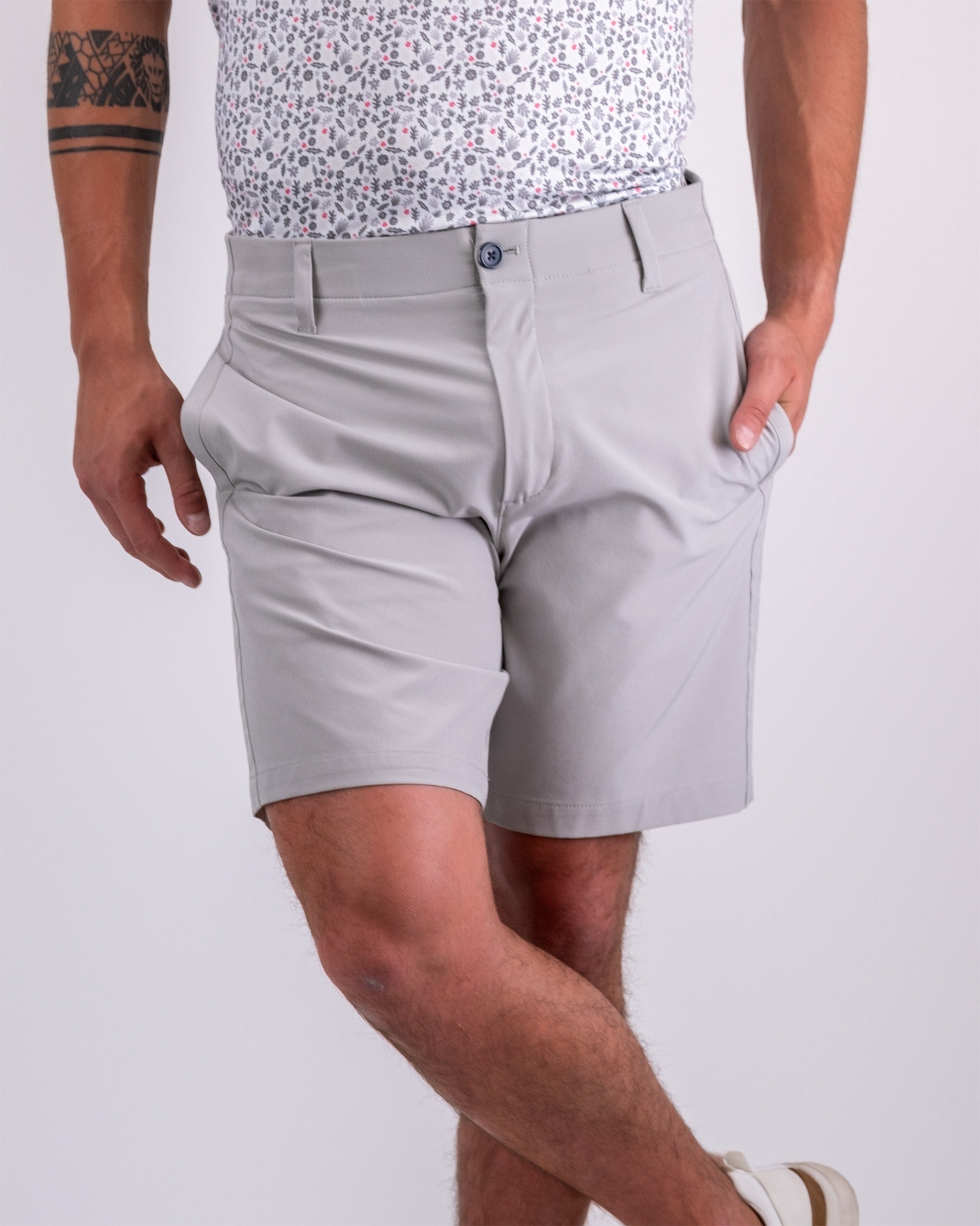 Men's performance shorts in dark stone color, featuring a tailored fit and comfortable fabric, ideal for active wear.