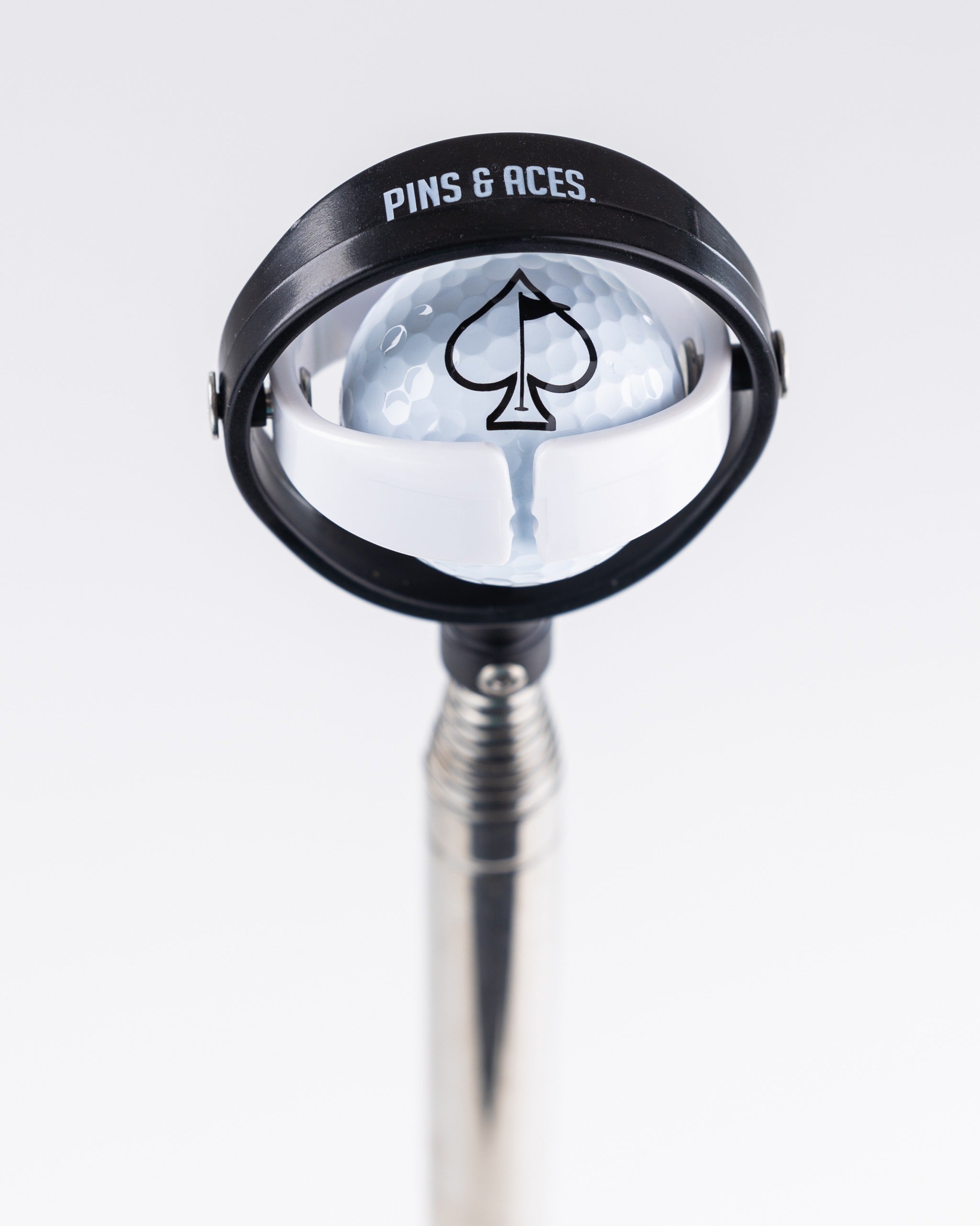 14-foot ball retriever with a sleek design featuring a spade logo, perfect for easily retrieving golf balls from water hazards.