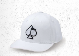 White Performance Spade Hat featuring a black spade logo, designed for style and comfort on the golf course.