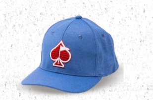 Blue Performance Spade Hat featuring a bold red spade logo, designed for stylish golfers seeking standout accessories.