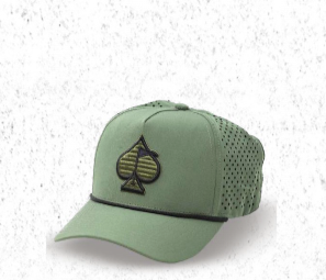 Olive perforated rope hat featuring a stylish spade logo, perfect for golfers seeking a unique accessory.