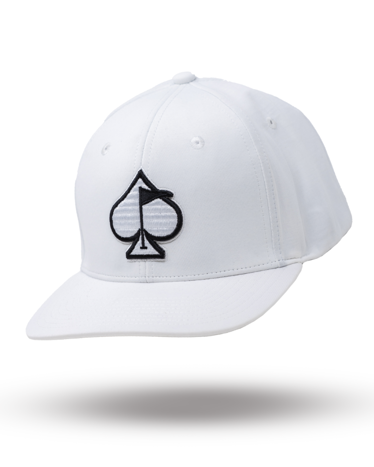 White performance hat featuring a bold black spade logo, designed for golfers seeking stylish and functional headwear.
