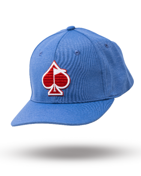 Blue Performance Spade Hat featuring a red spade logo, designed for stylish golfers seeking standout apparel.