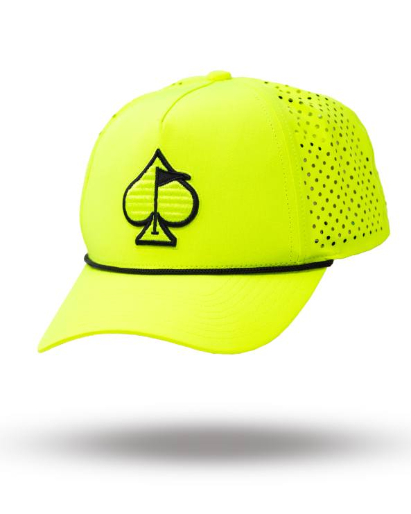 Highlighter yellow perforated rope hat featuring a black spade logo, designed for bold golfers seeking style on the course.