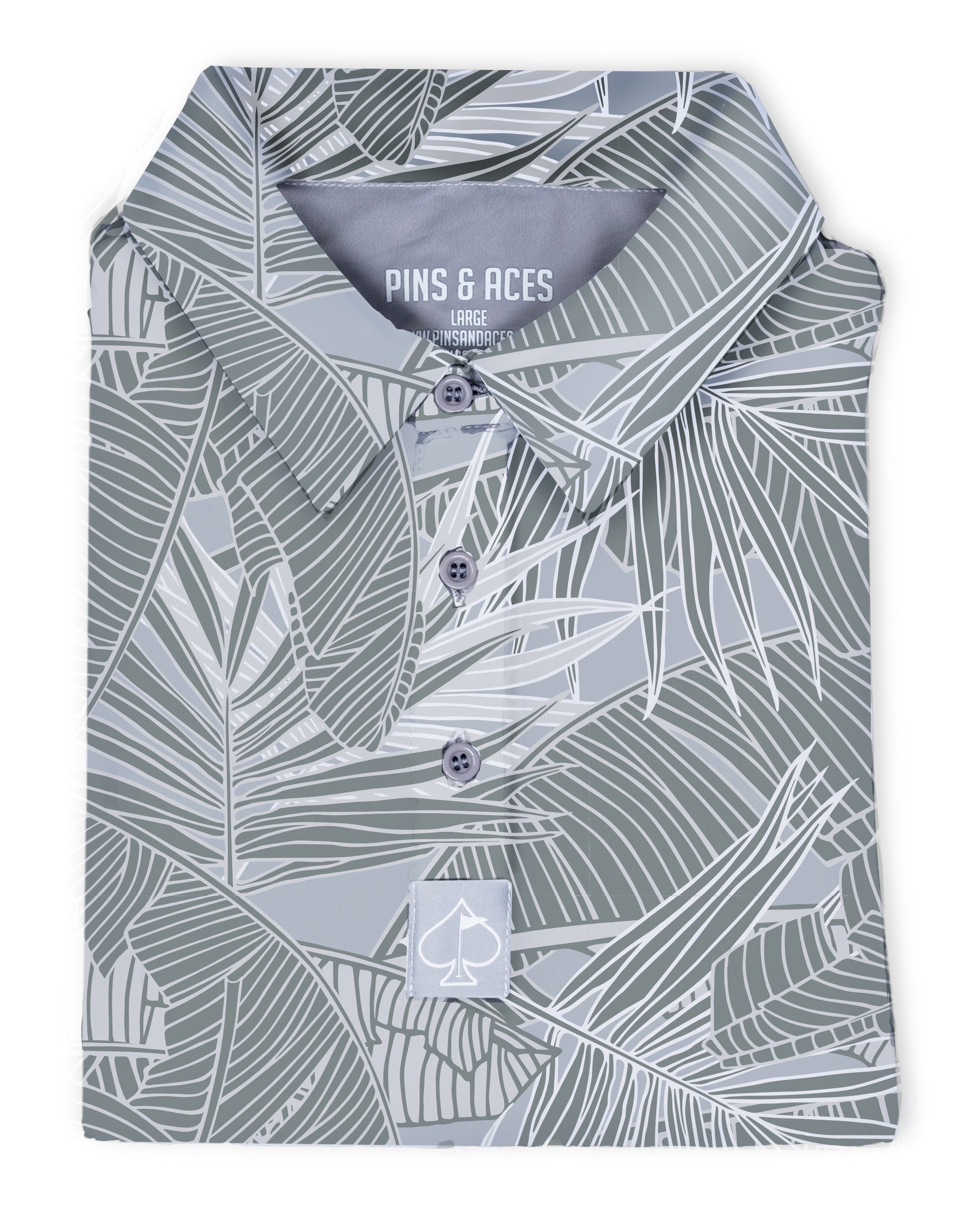 Stylish golf polo featuring a bold palm leaf pattern in shades of gray, perfect for making a statement on the course.