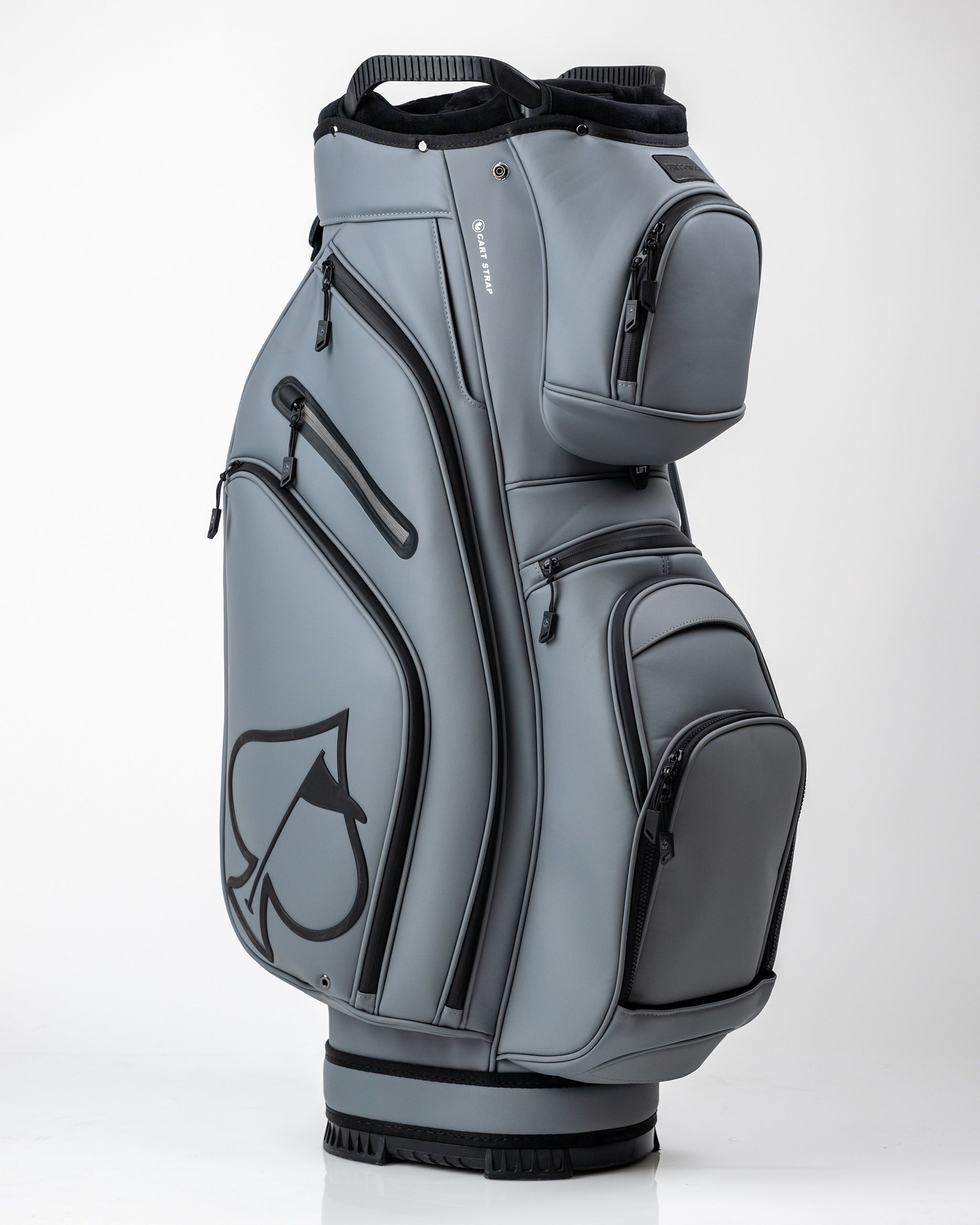 Player Preferred Cart Bag in Flat Ash features a sleek gray design with multiple pockets and a bold logo, perfect for stylish golfers.