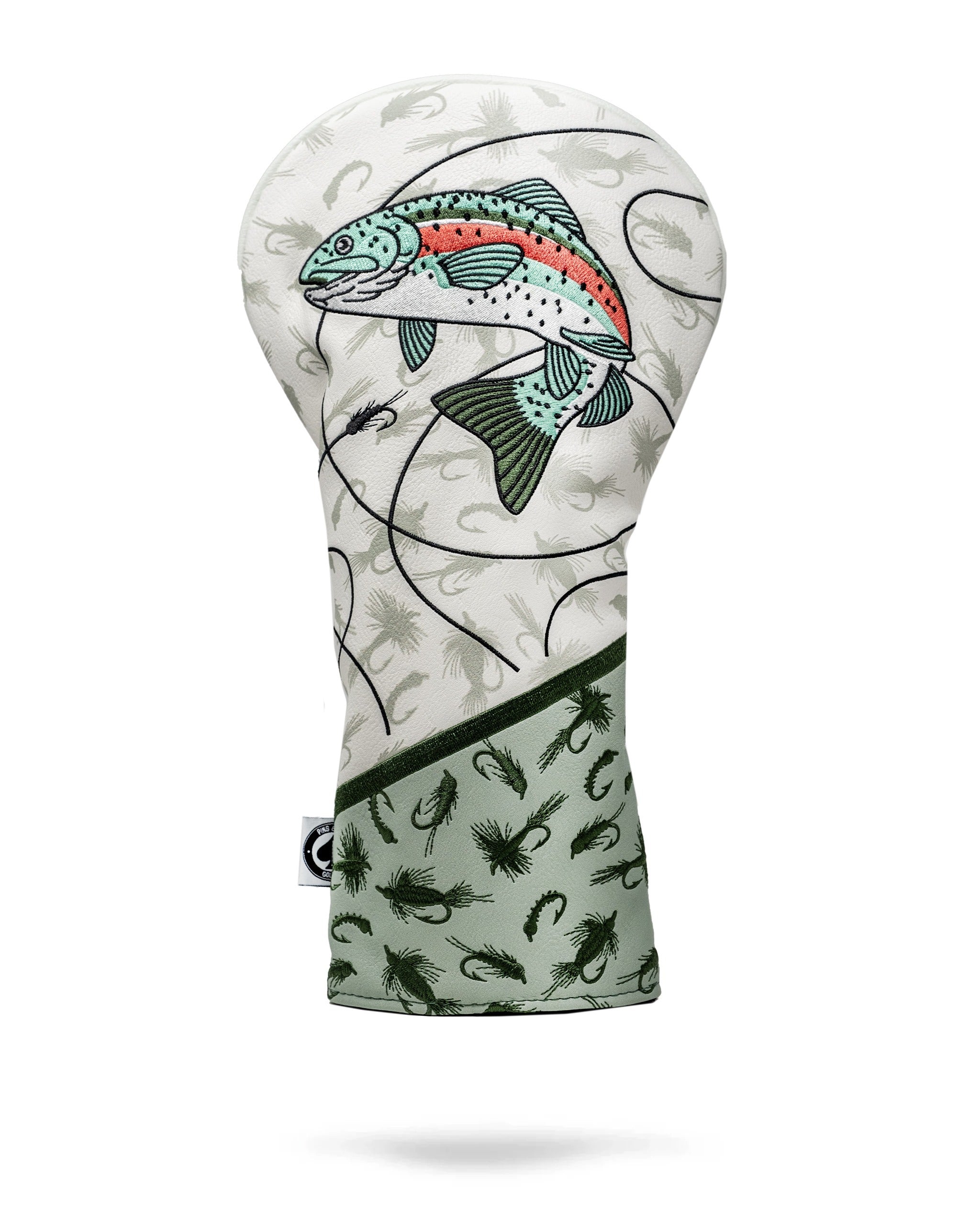 Trout driver cover featuring a colorful fish design with fishing flies on a light background, perfect for stylish golfers.