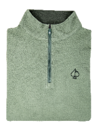 Olive green waffle knit pullover with a quarter zip and spade logo, ideal for stylish golf outings and casual wear.