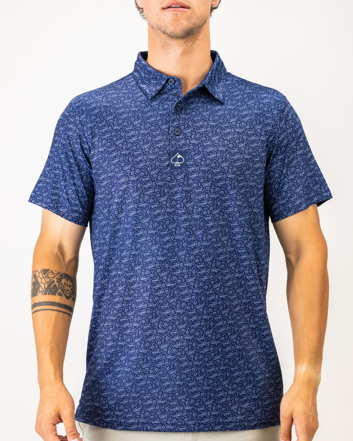 Men's navy golf polo shirt featuring a unique pattern, designed for comfort and style on the course.