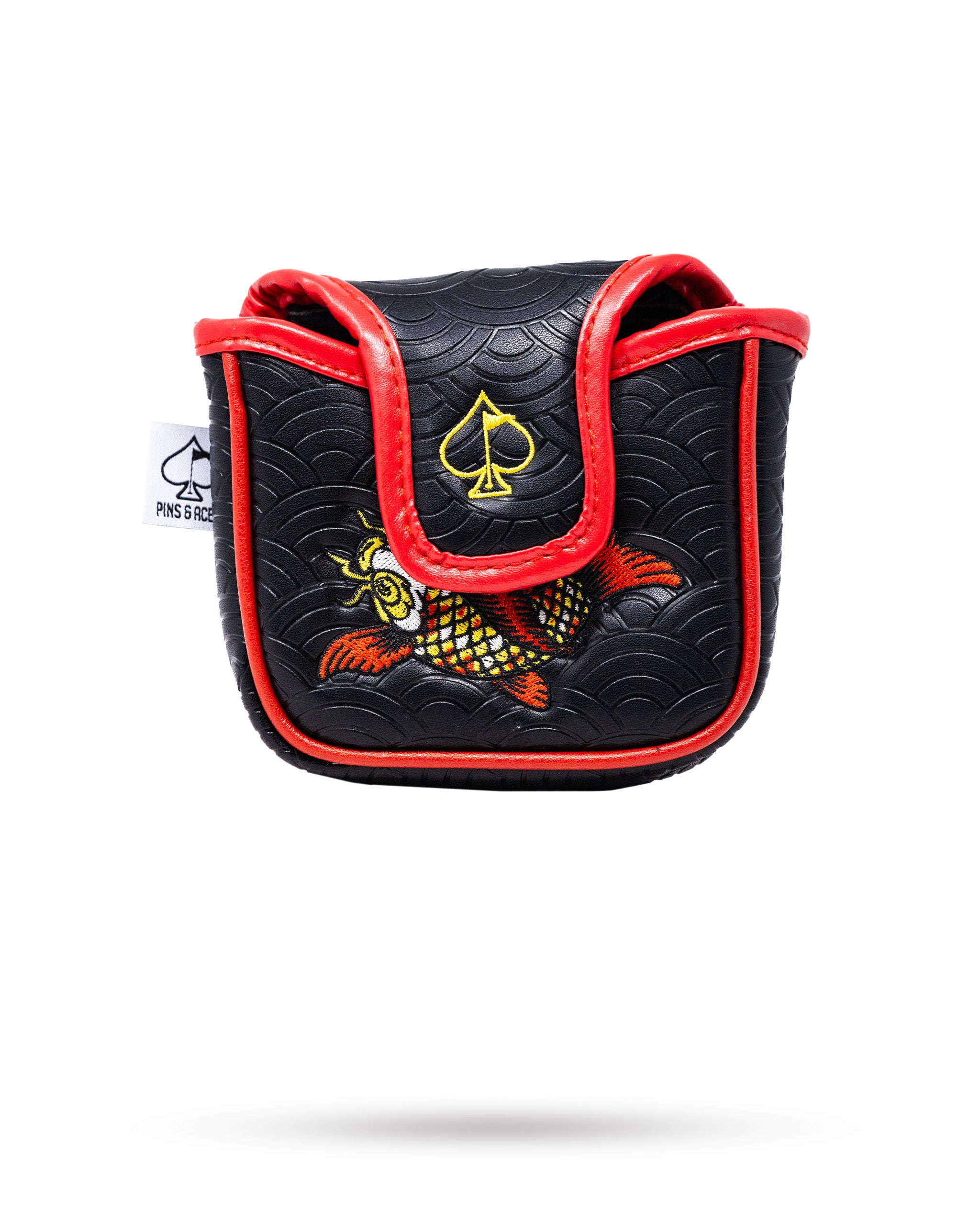 Koi Flow mallet putter cover featuring a vibrant koi fish design with a textured black and red finish.