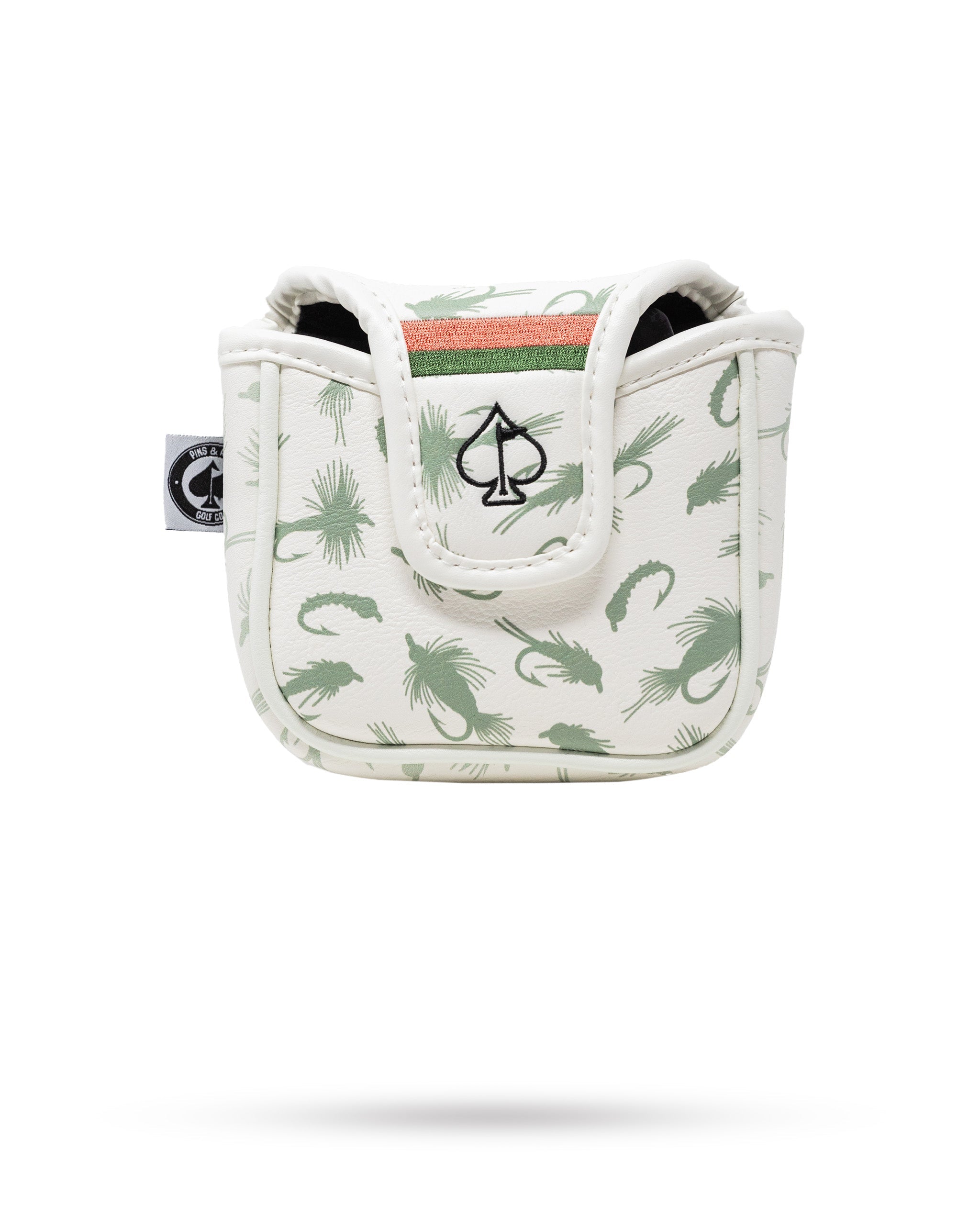 Trout mallet putter cover featuring a unique fish and foliage pattern in green on a white background.