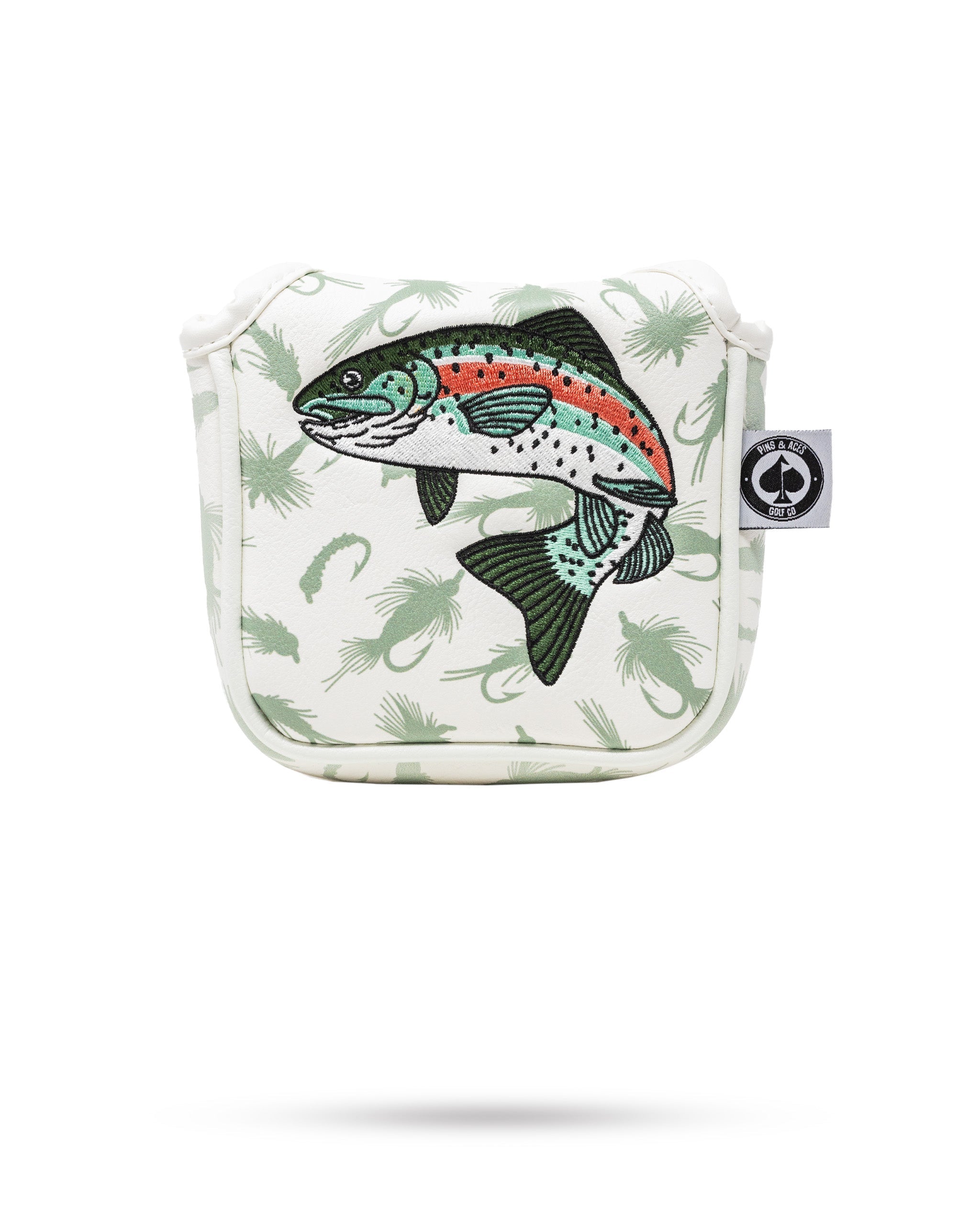 Trout mallet putter cover featuring a colorful fish design on a light background with aquatic patterns.
