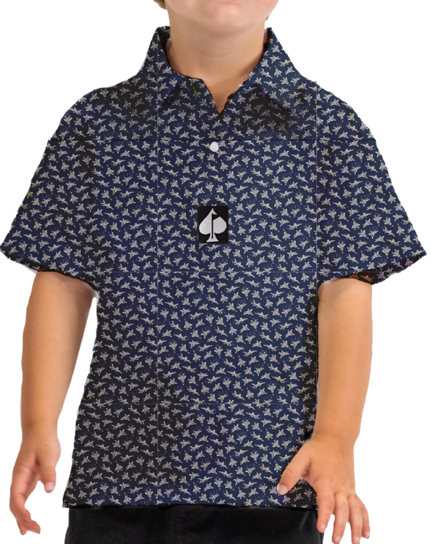 Youth Birds of Steel golf shirt featuring a navy blue background with a unique bird pattern and a logo on the chest.