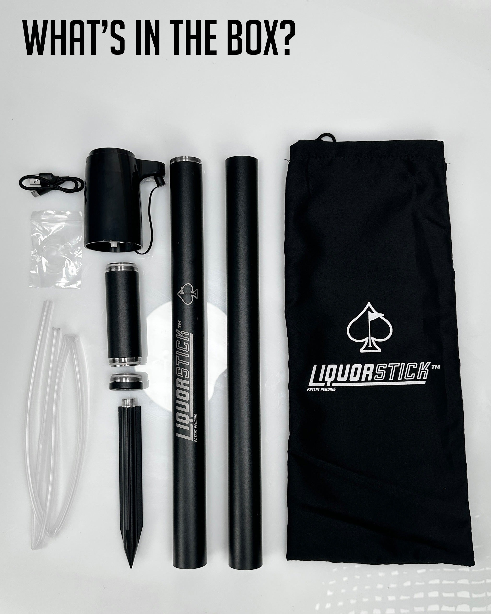 LiquorStick 3.0 in black, featuring components like tubes, a funnel, and a carrying bag for easy transport and use.