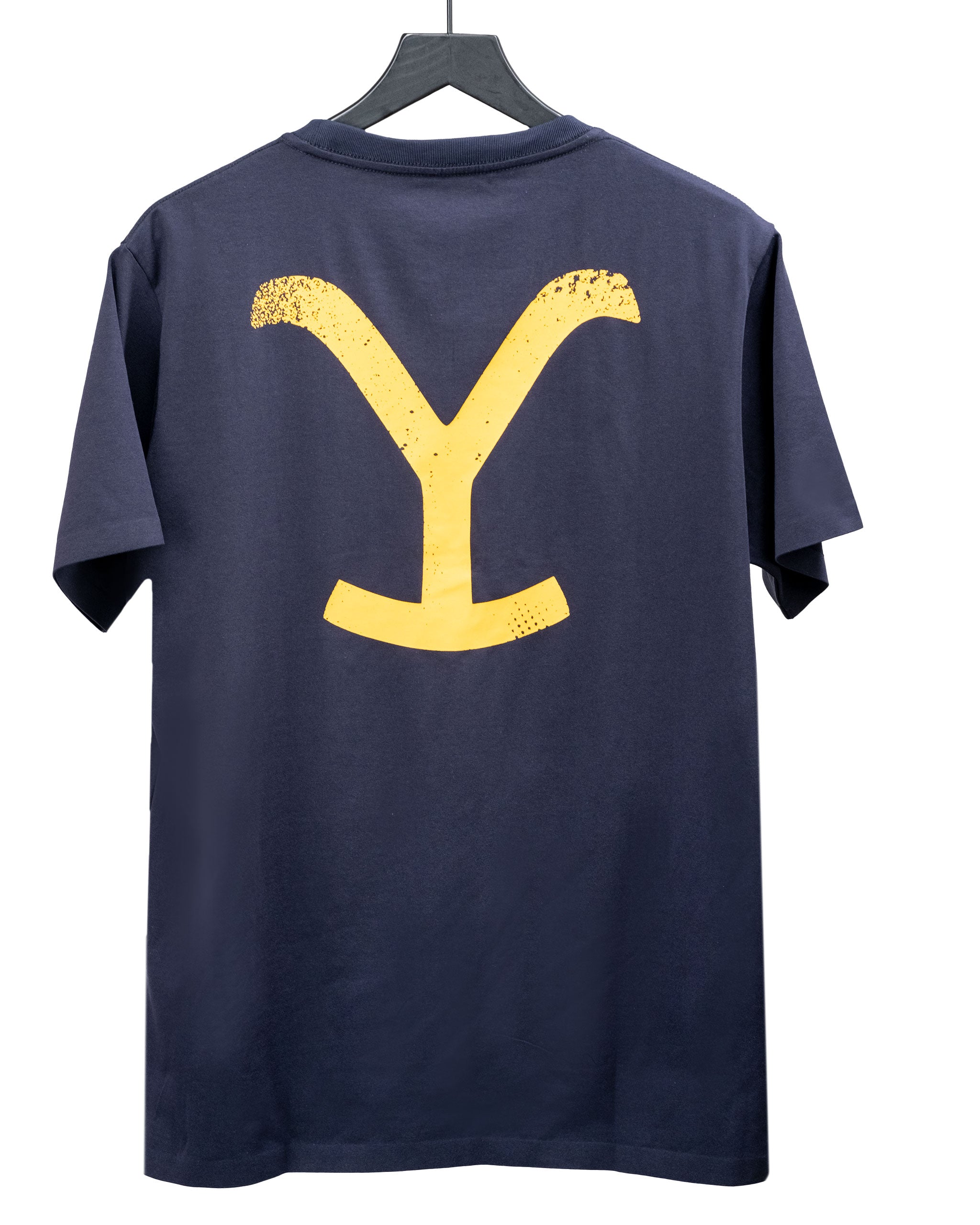 Navy blue t-shirt featuring a large yellow Yellowstone logo on the back, hanging on a black hanger.