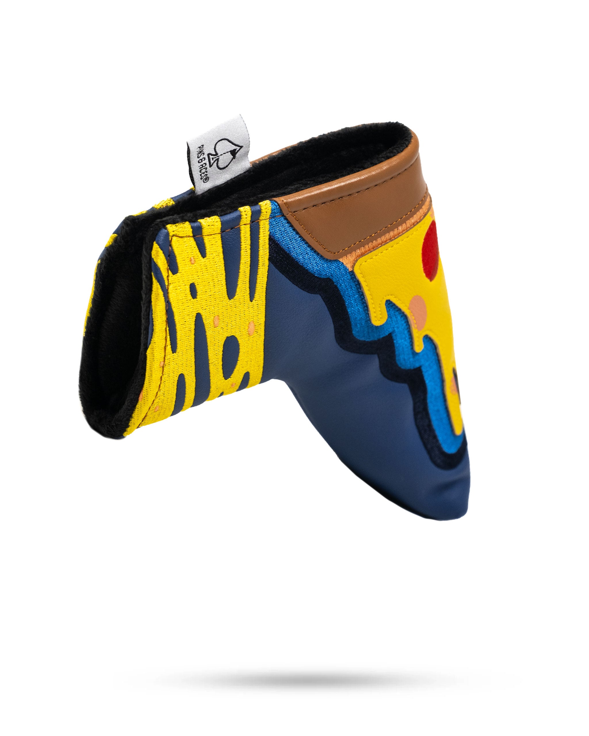Colorful pizza-themed blade putter cover featuring bold graphics and a sleek design for stylish golf accessories.