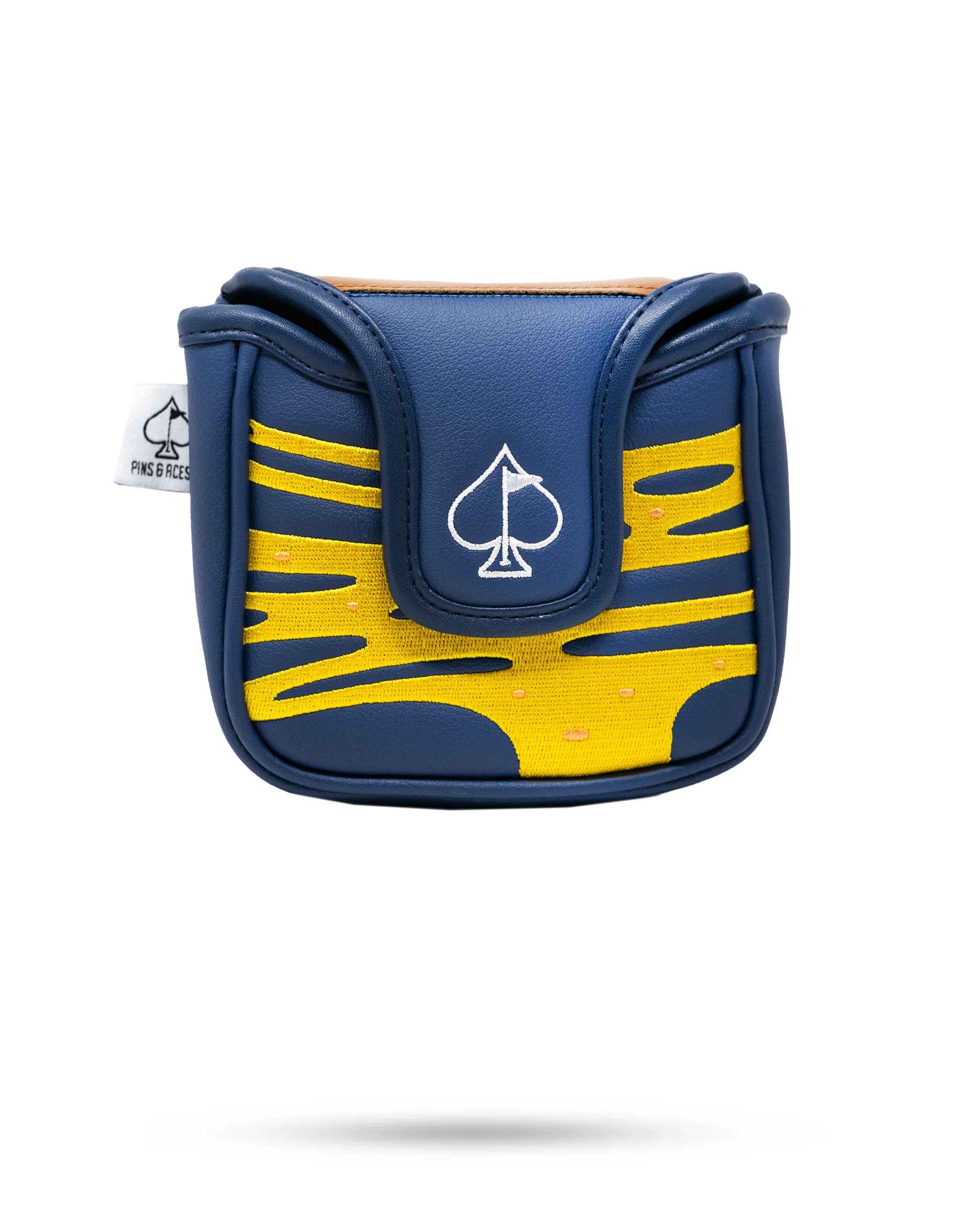 Bold mallet putter cover featuring a vibrant pizza design in blue and yellow, perfect for golfers wanting to stand out.