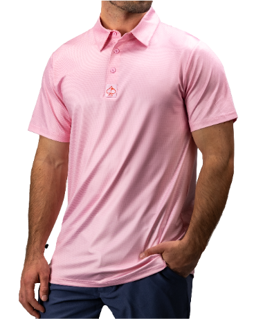 Men's coral mist polo shirt with a subtle pattern, featuring a three-button placket and a logo on the chest.