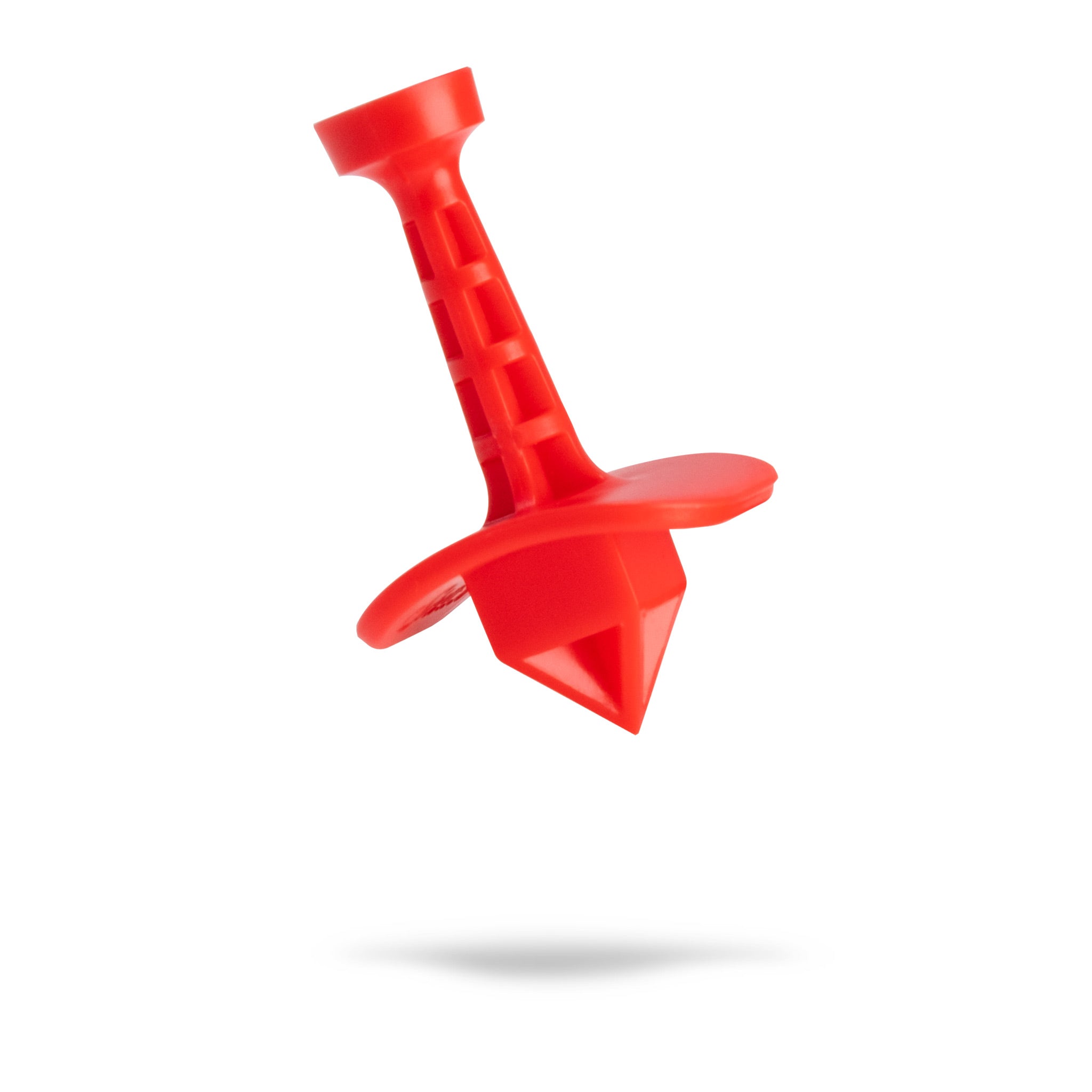 Red Shottee golf tee with a unique design, featuring a pointed tip and wide base for stability. Three-pack set.