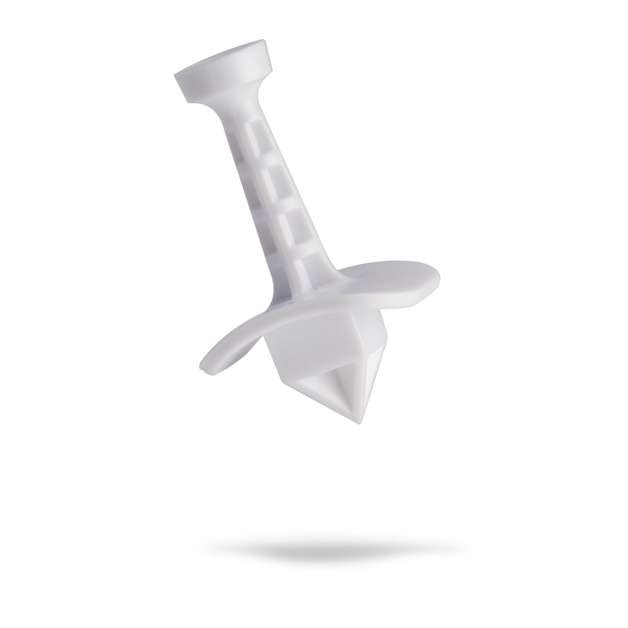 White Shottee golf tee with a unique design, featuring a pointed tip and a wide base for stability on the course.
