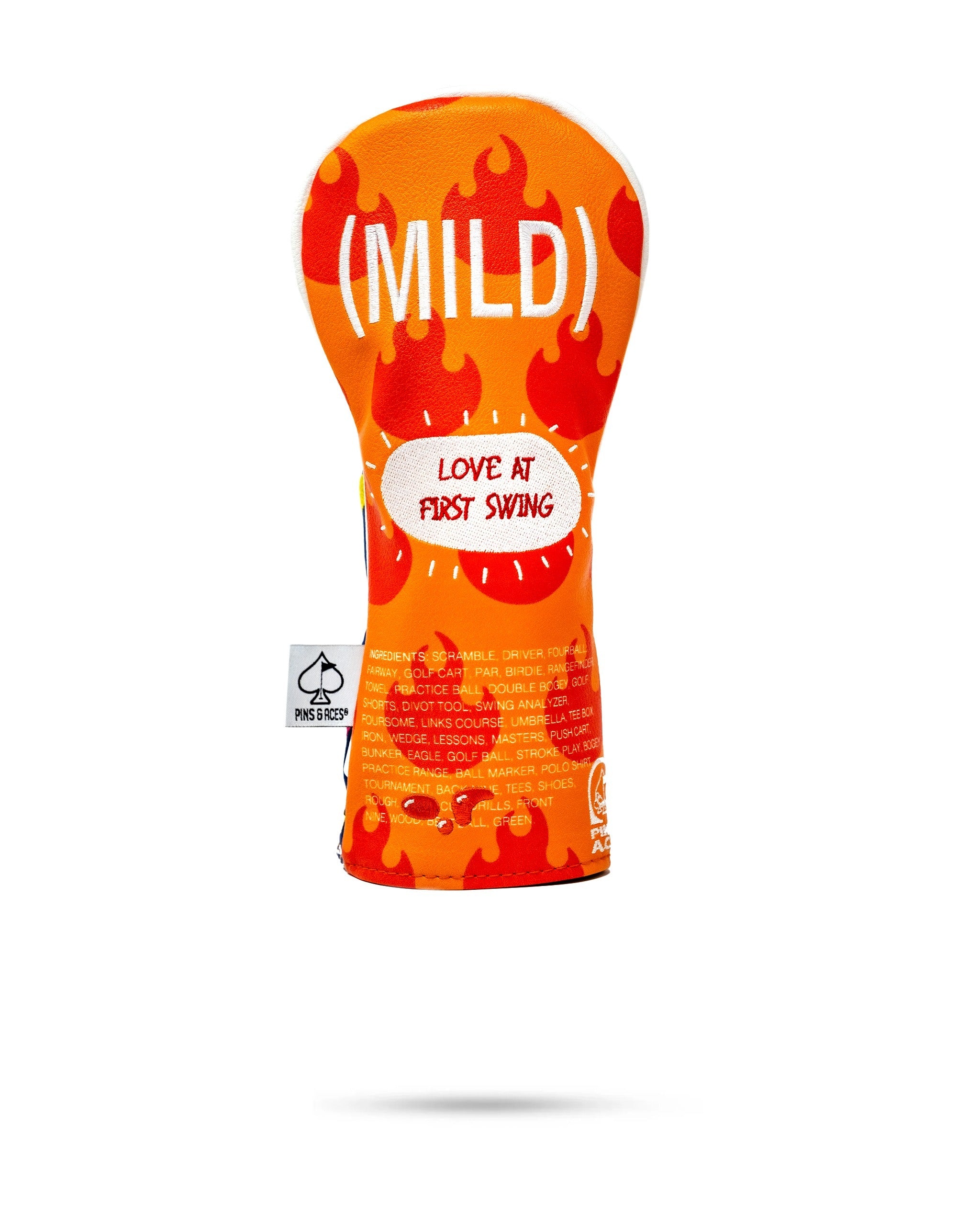 Bold orange hybrid golf cover featuring flame graphics and the text "MILD" and "Love at First Swing." Perfect for unique style on the course.