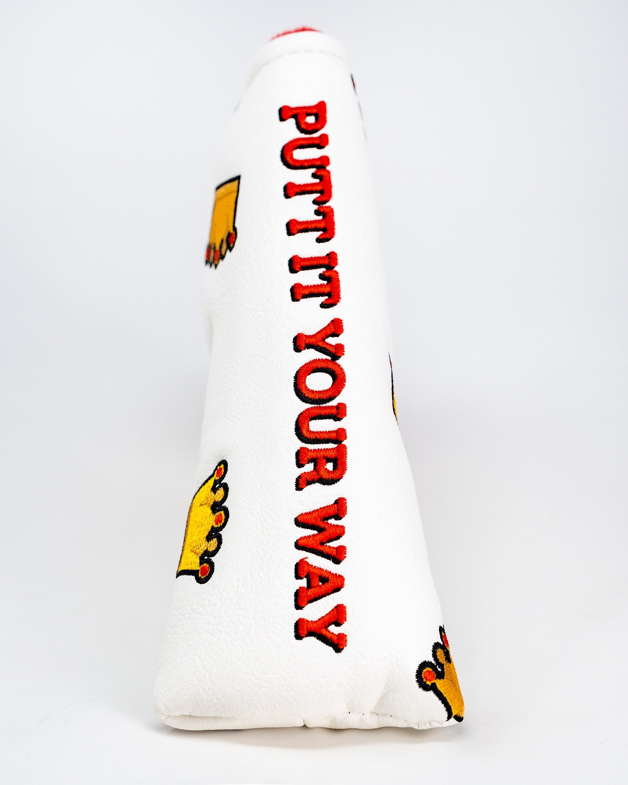 White blade putter cover with "PUTT IT YOUR WAY" text and crown designs, perfect for bold golf style.