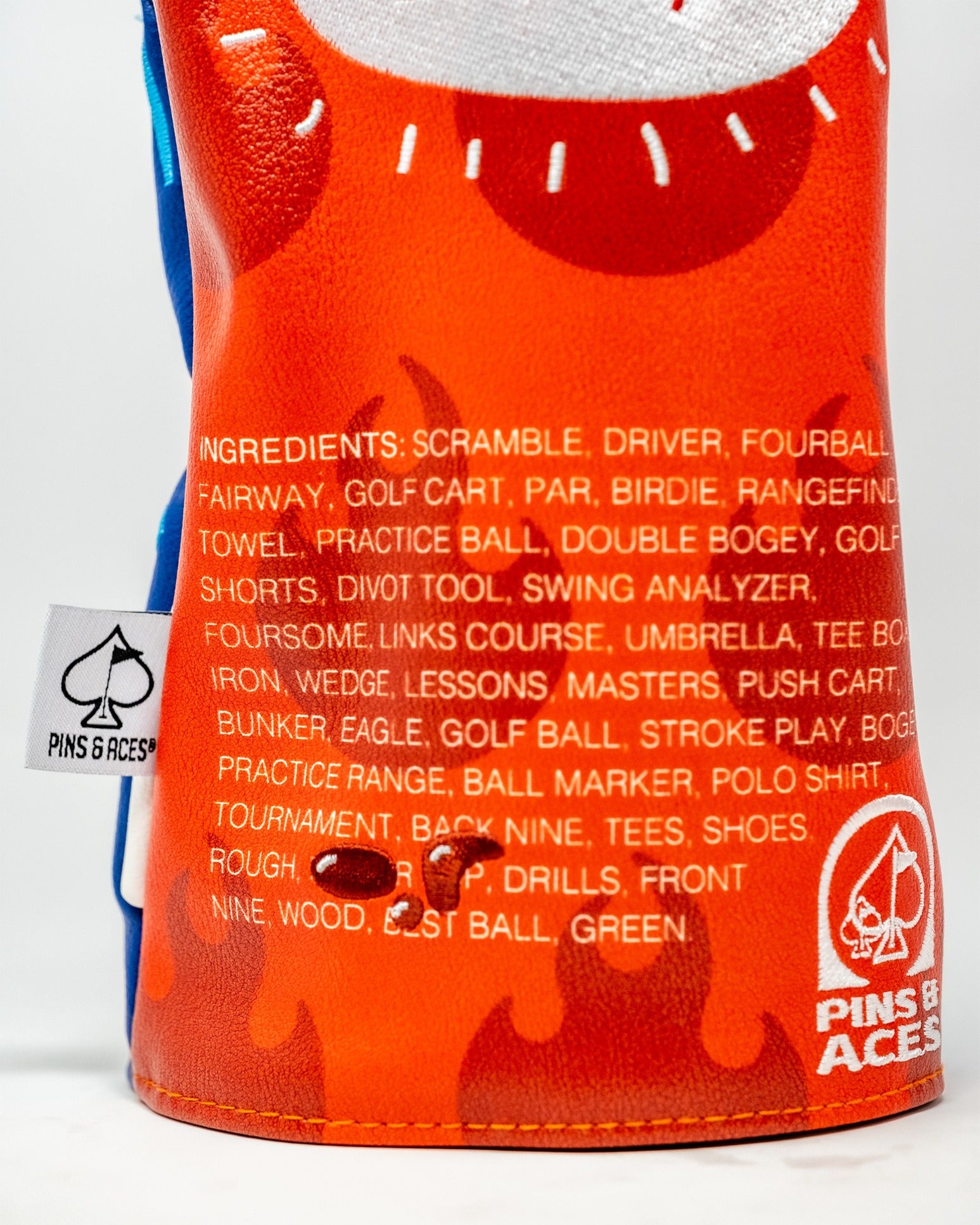 Bold fire sauce driver cover featuring vibrant colors and playful design, perfect for golfers wanting to stand out.