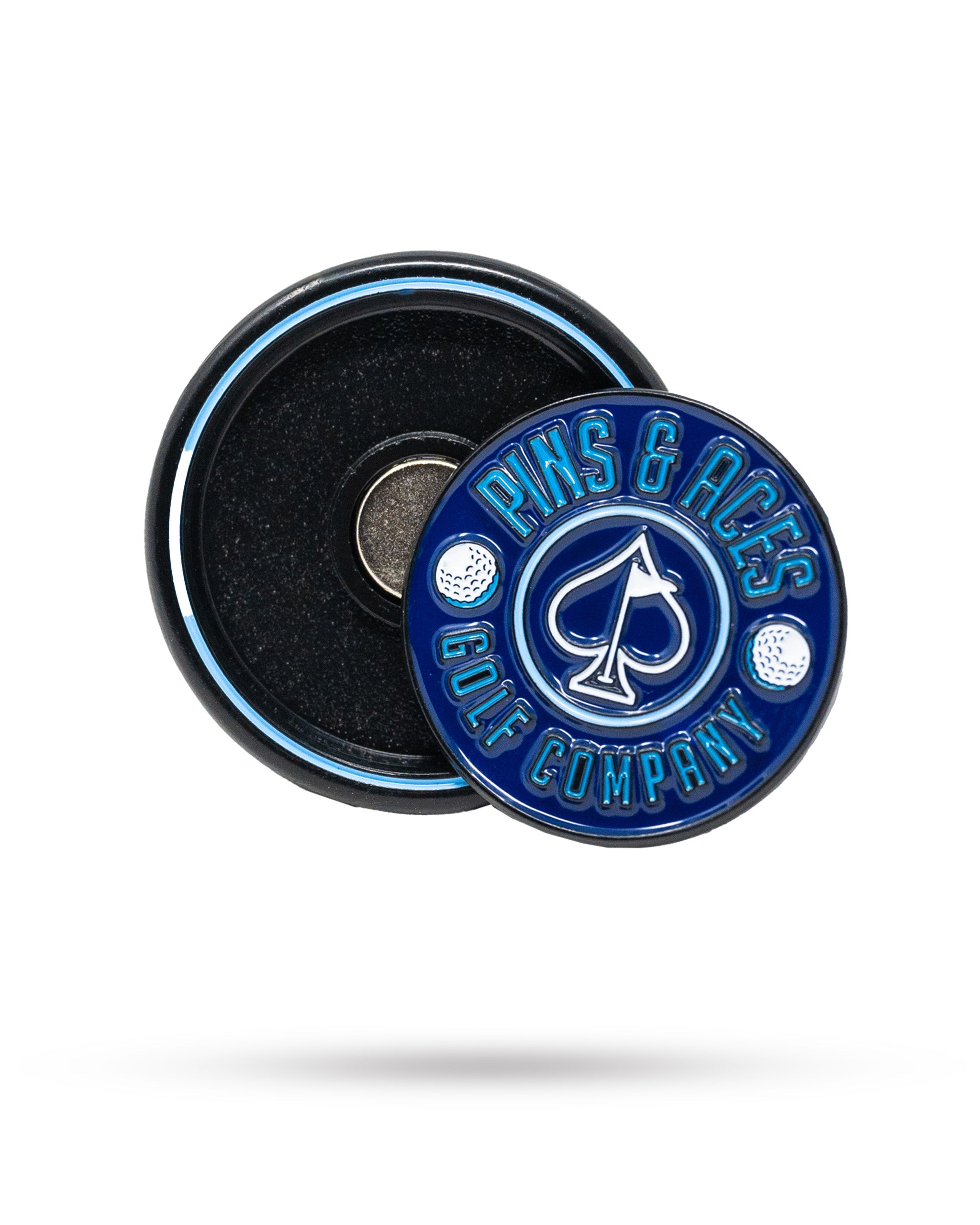 Navy Pop Out Medallion Ball Marker featuring Pins & Aces logo, designed for stylish golf enthusiasts.