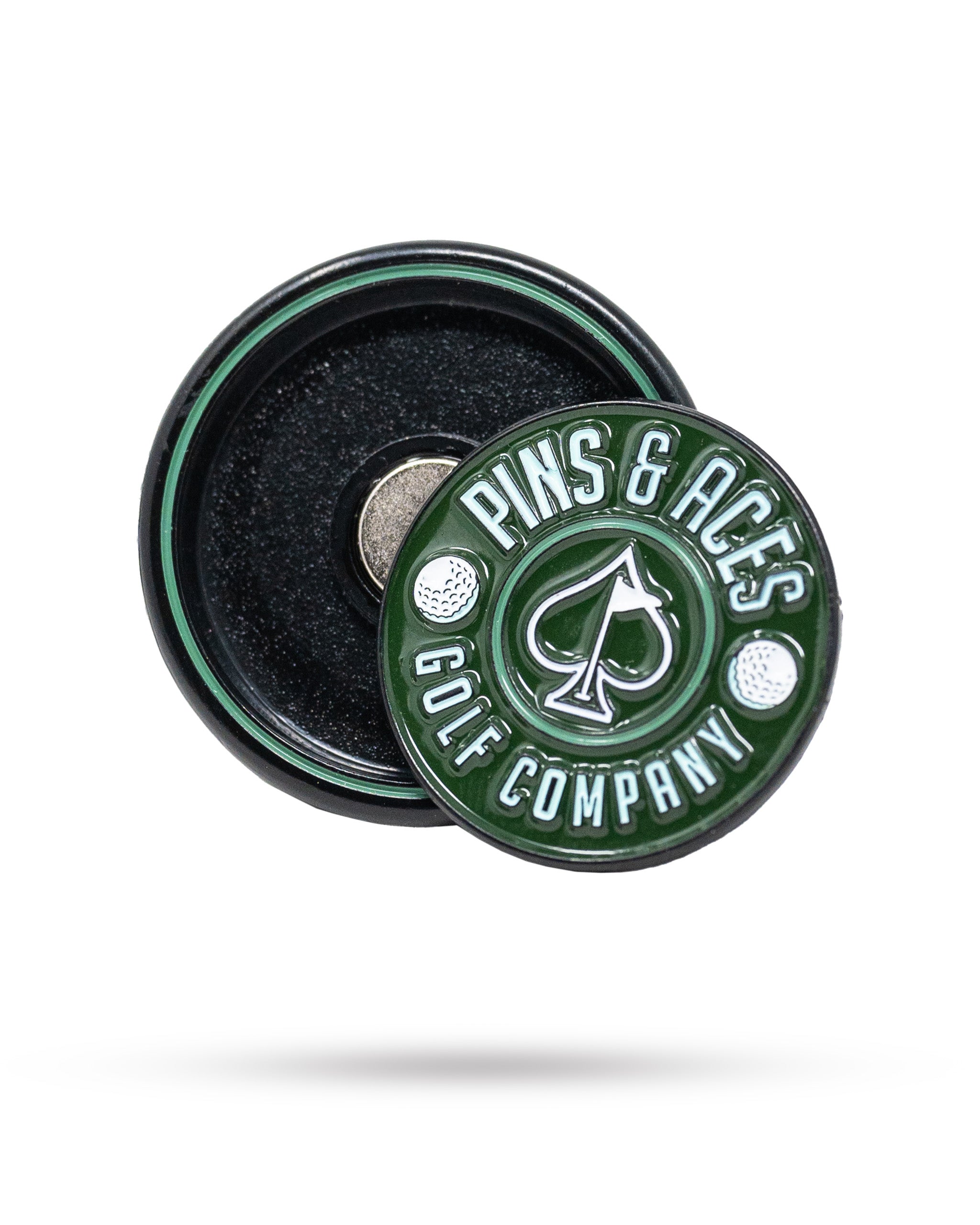 Green Pop Out Medallion Ball Marker featuring the Pins and Aces logo, designed for stylish golf play and easy use.