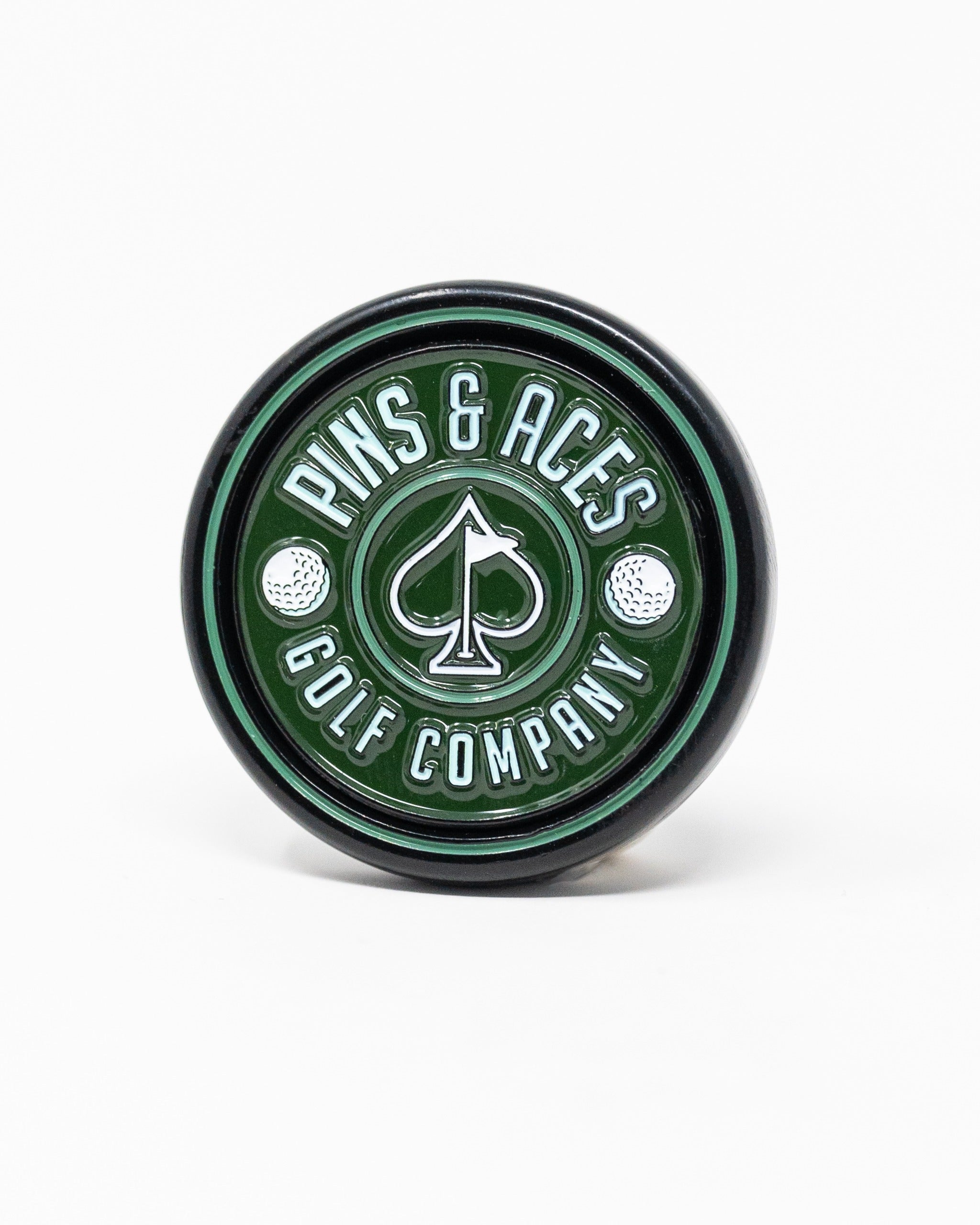 Green Pop Out Medallion Ball Marker featuring the Pins and Aces logo and golf-themed design for stylish on-course play.