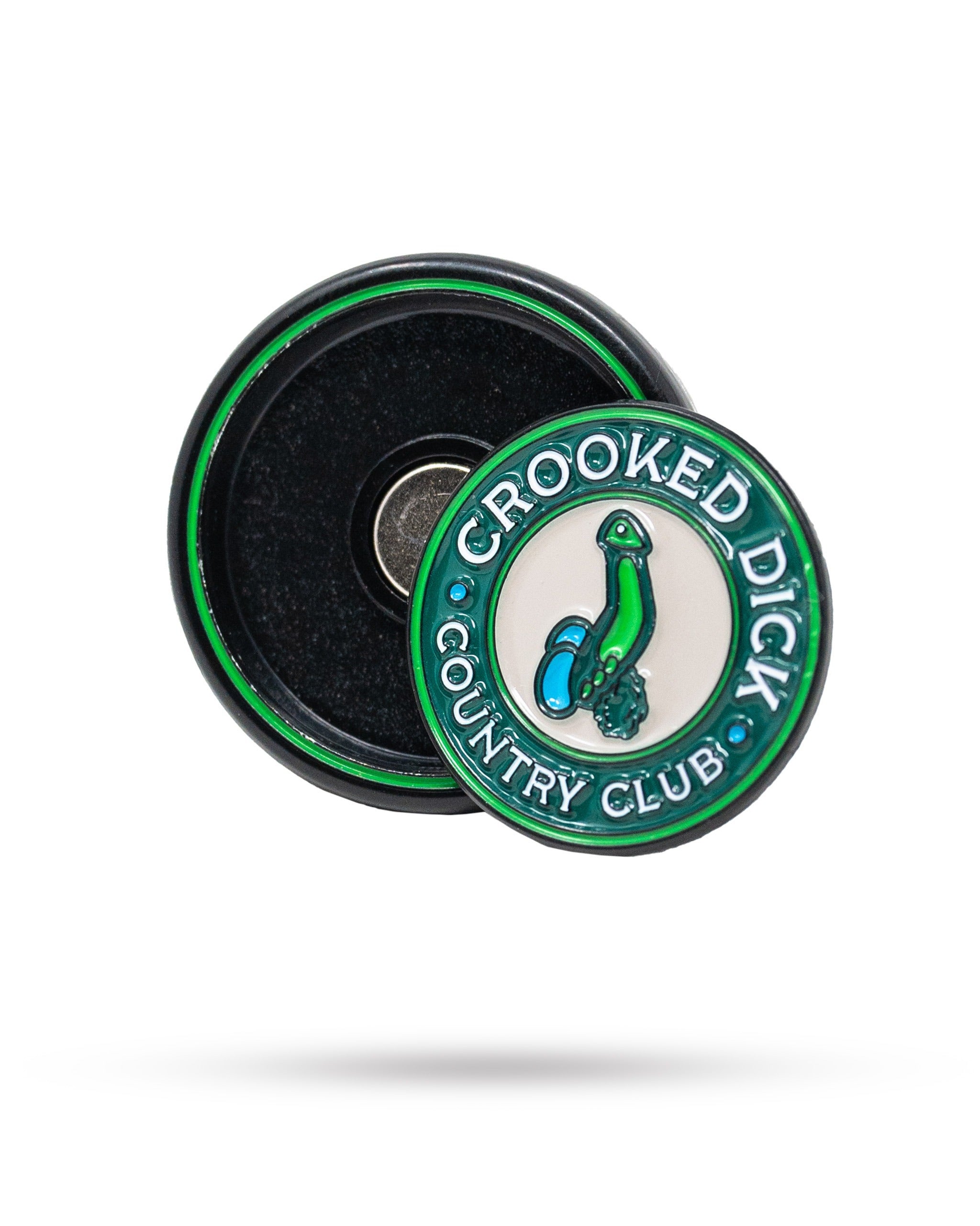 Bold Pop Out Medallion Ball Marker featuring a playful design with "Crooked Dick Country Club" text. Perfect for golfers.