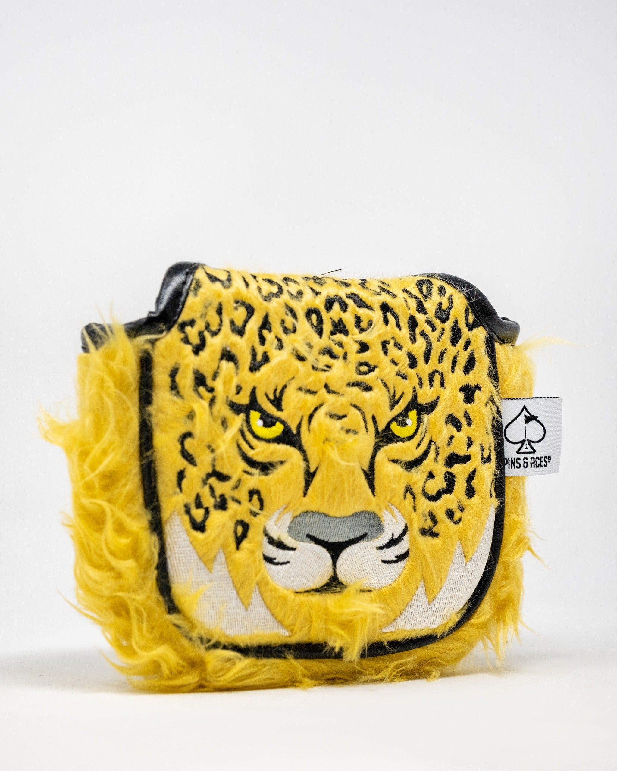 Bold leopard mallet putter cover featuring vibrant yellow fur and striking facial design, perfect for standout golf style.